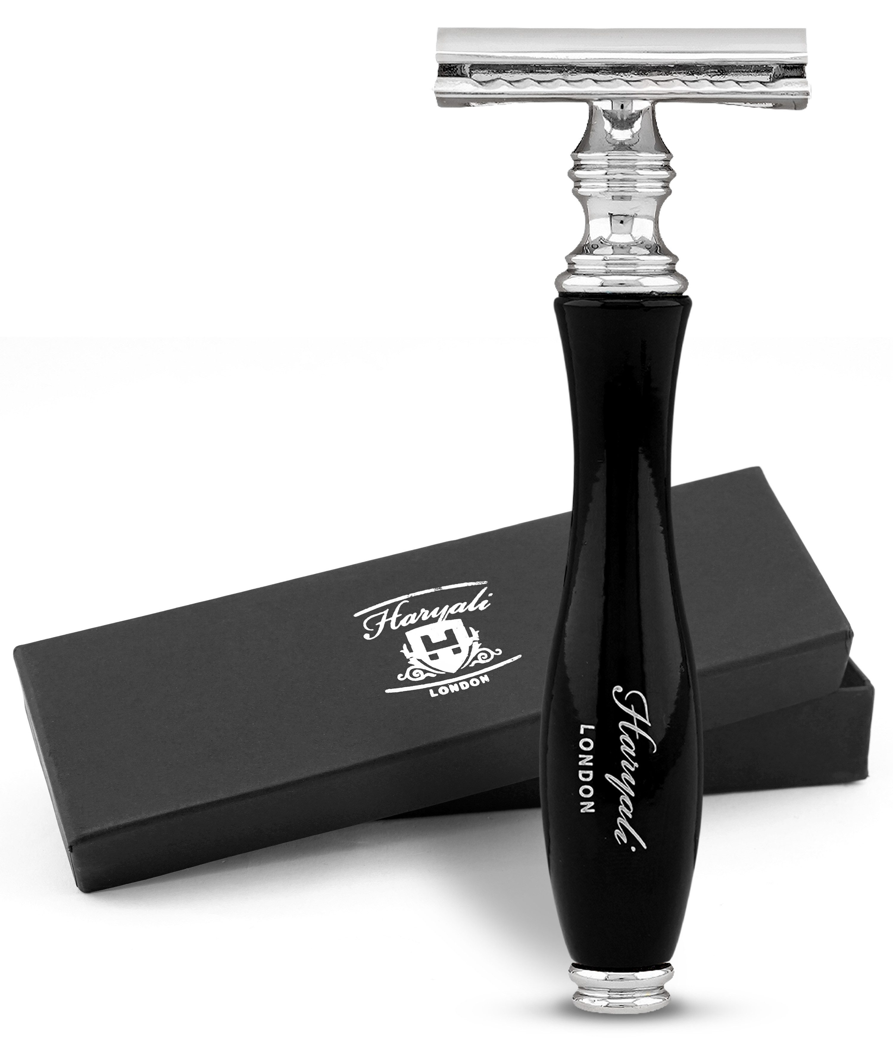 Haryali London Nassrasierer Doppelklingenrasierer für Damen und Herren ergonomisch metallic schwar, pack, Rasierer für ein erstklassiges Premium-Rasiererlebnis, Abwaschbarer, rutschfester, glänzender Metallgriff, Rasurerlebnis