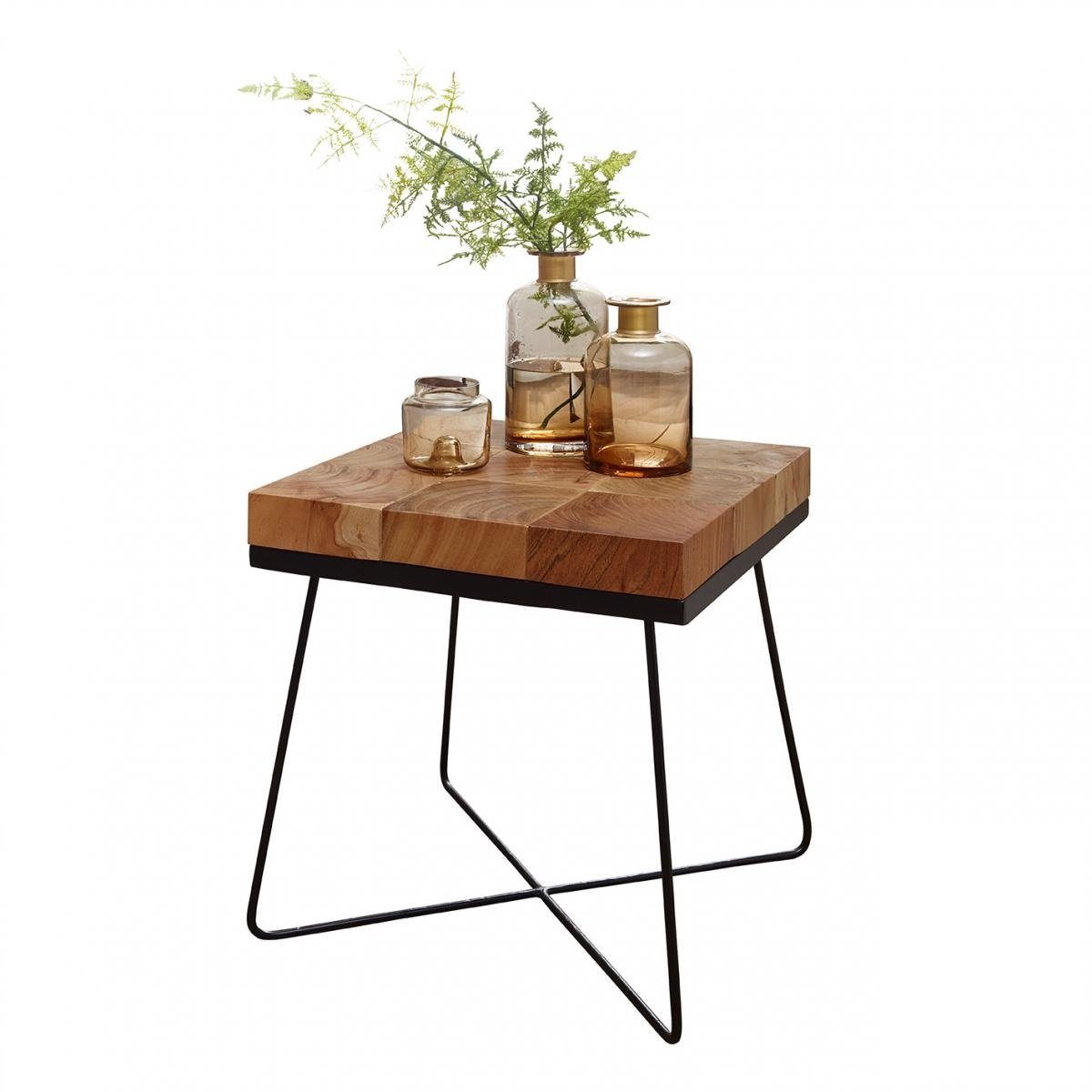 lovingHome® Beistelltisch Beistelltisch Akazie Massivholz mit Metallgestell 45 x 45 x 51 cm (1 Stück, 1 Beistelltisch), im modernen Industrial-Style