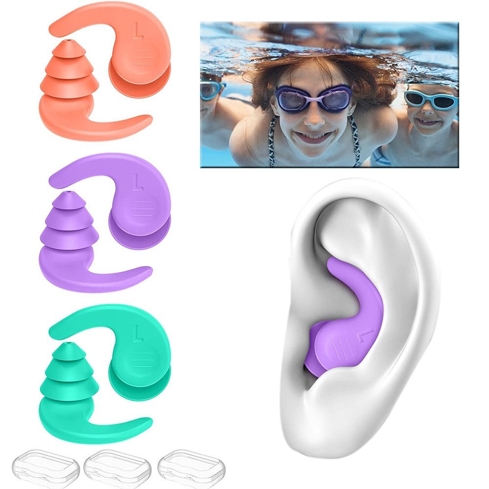 AFKSMILE Schwimm-Ohrstöpsel 3Paar Ohrstöpsel Schwimmen, Wasserdichte Wiederverwendbare Ohrstöpsel, Silikon Ohrstöpsel, zum Duschen Schnorcheln, anderen Wassersportarten