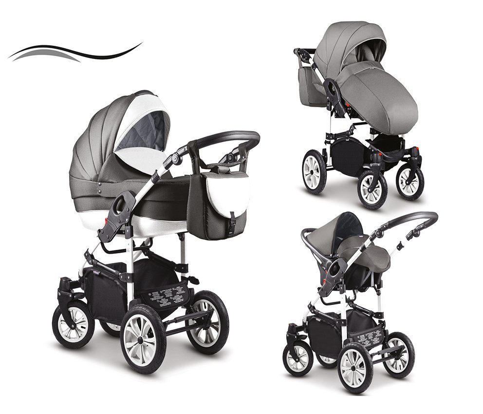 babies-on-wheels Kombi-Kinderwagen 3 in 1 Kinderwagen-Set Cosmo - 16 Teile - in 41 Farben Dunkelgrau-Weiß