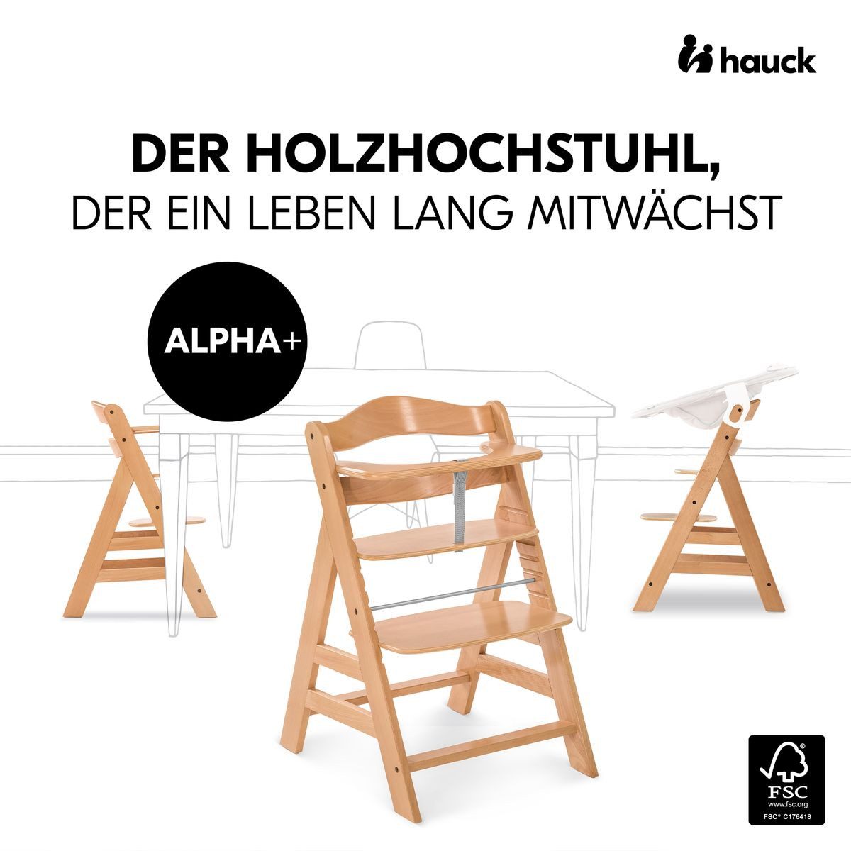Hauck Hochstuhl Alpha Plus Natur, Holz Baby Kinderhochstuhl, Sitzauflage & Play Tray Basis - verstellbar