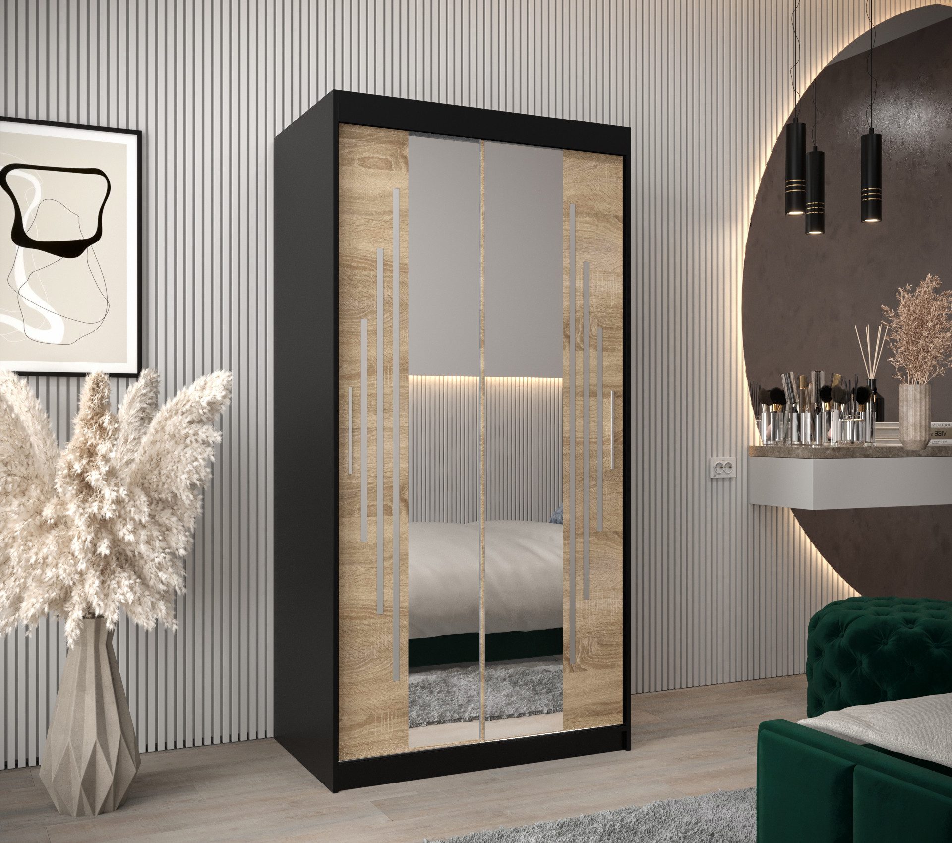 MOEBLO Schiebetürenschrank MALTESE 1 (mit Spiegel, mit/ ohne Schubladen, Schwebetürenschrank Schrank Garderobe Schiebtüren Schlafzimmer Wohnzimmerschrank) (BxHxT):100/120/150/180/200/250x200x62 cm