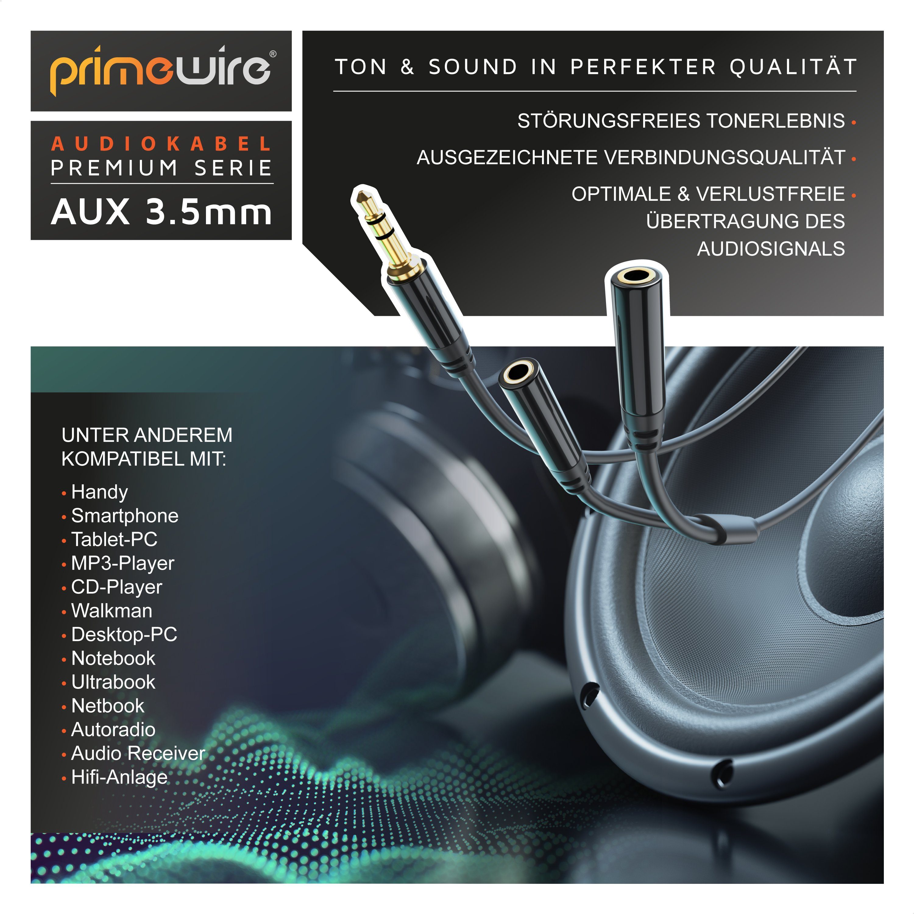 Primewire Premium Stereo Audio AUX Stecker auf 2x Buchse Y-Adapter Audio-Adapter 3,5-mm-Klinke zu 2x 3,5-mm-Buchse, 15 cm, 2 Kopfhörer an einem Gerät, für Smart – Bild 4 von 5