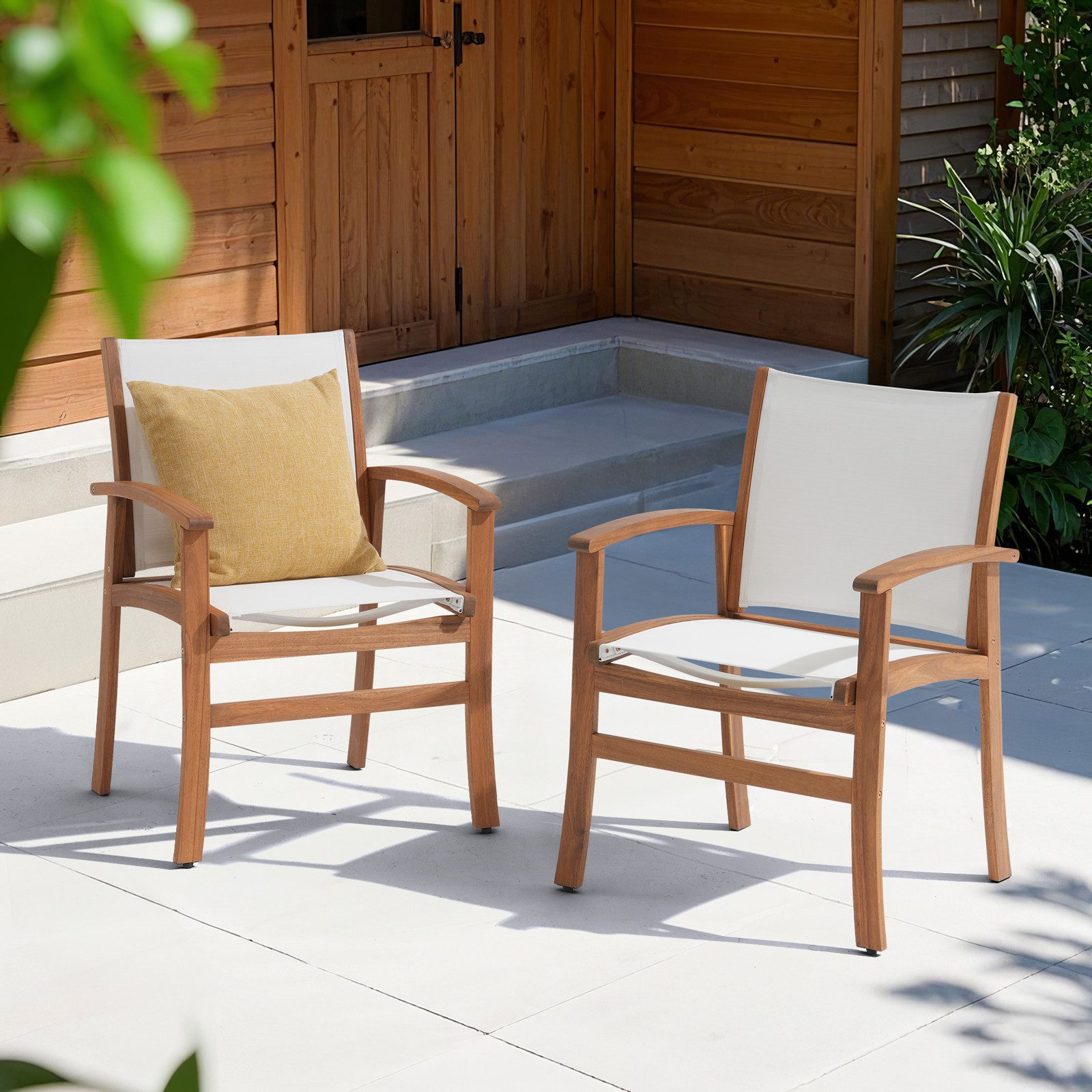 JOIVI Gartenstuhl Holz Gartenstühle (Akazienholz Essstühle), Atmungsaktivem Textilene-Gewebe für Garten & Terrasse, 2-tlg Weiß