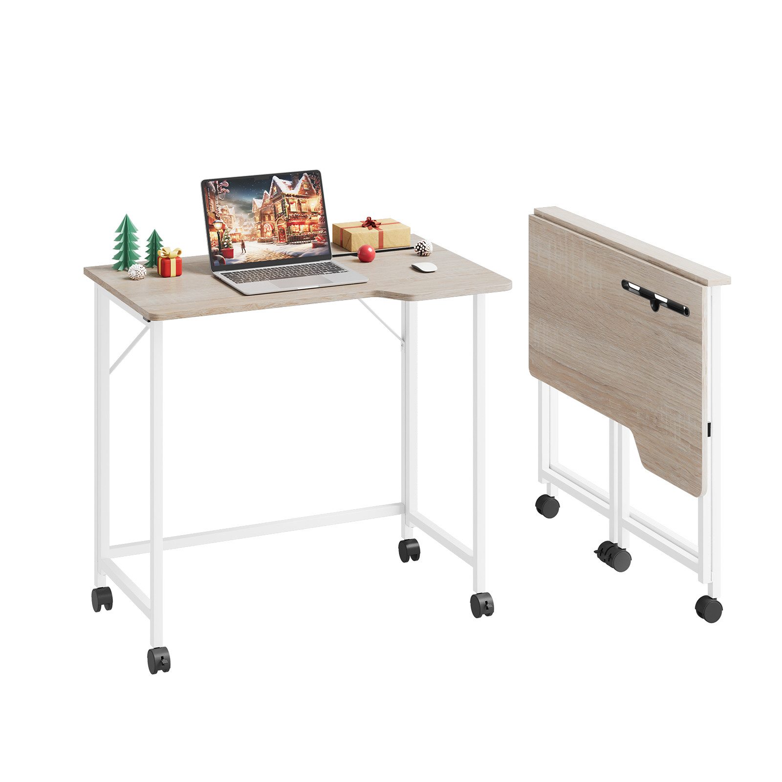 NAIMP Computertisch Faltbar Tisch Klappbar Schreibtisch Klapptisch für Homeoffice, Platzsparend, mit Tablet Steckplatz und Rollen, L Design