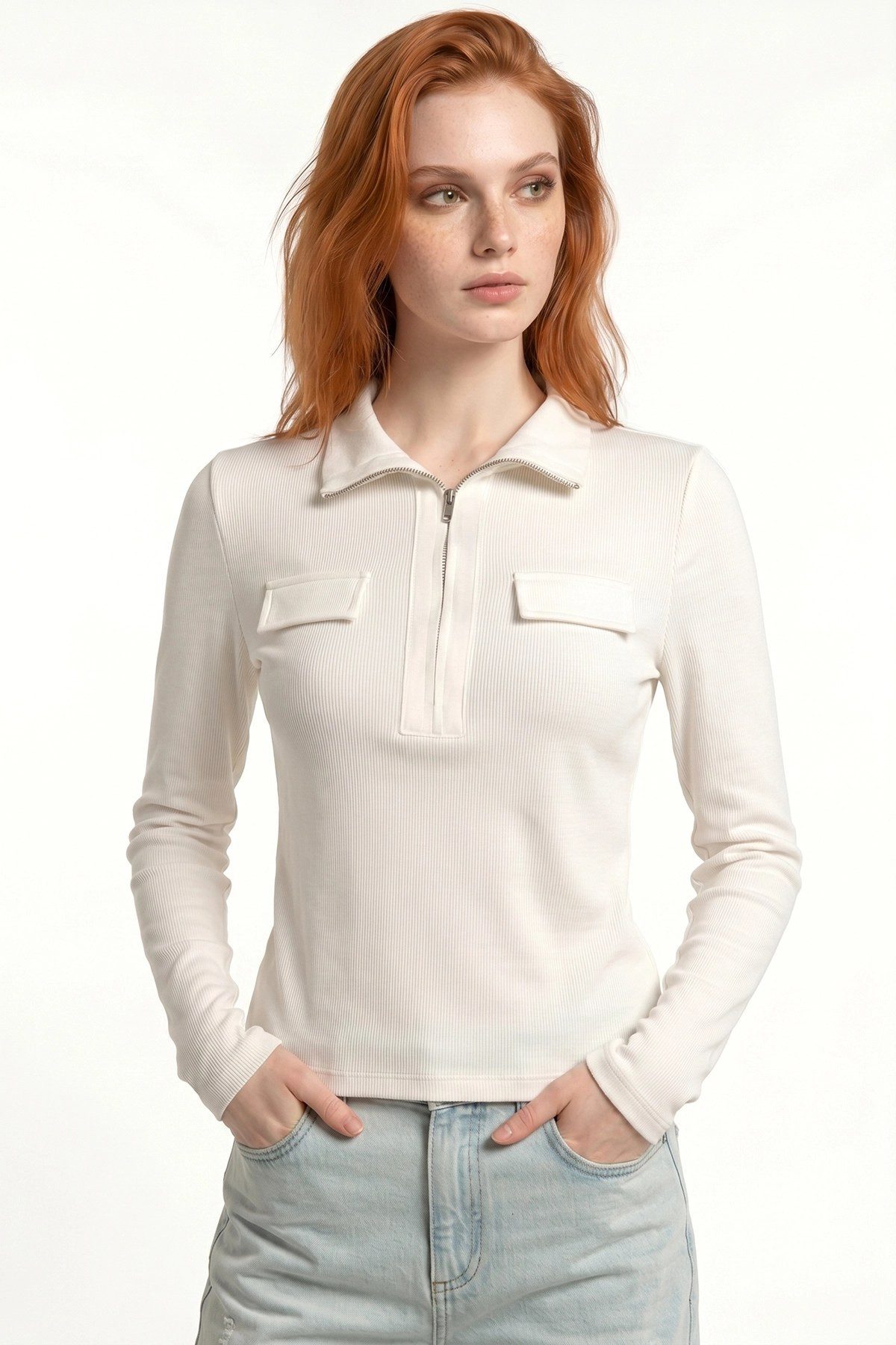 No Matter What Blusentop Ripp-Halbzip-Polo-Bluse
