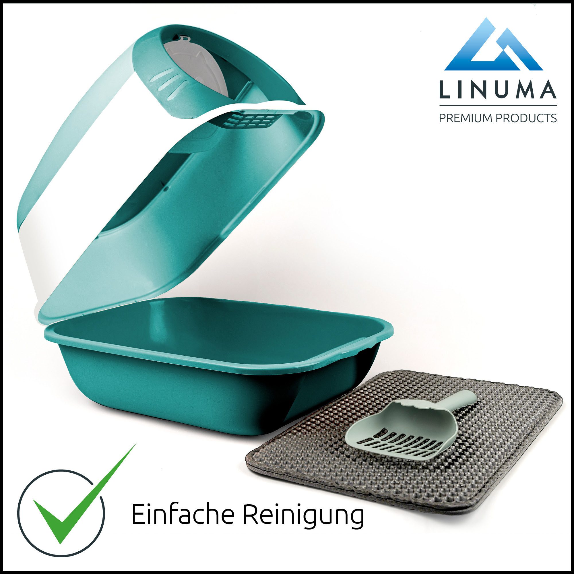 LINUMA Katzentoilette Katzenklo mit Deckel, Streumatte und Schaufel abnehmbar auch offen, Katzenklo auch offen nutzbar inkl. Katzenstreumatte und Schaufel