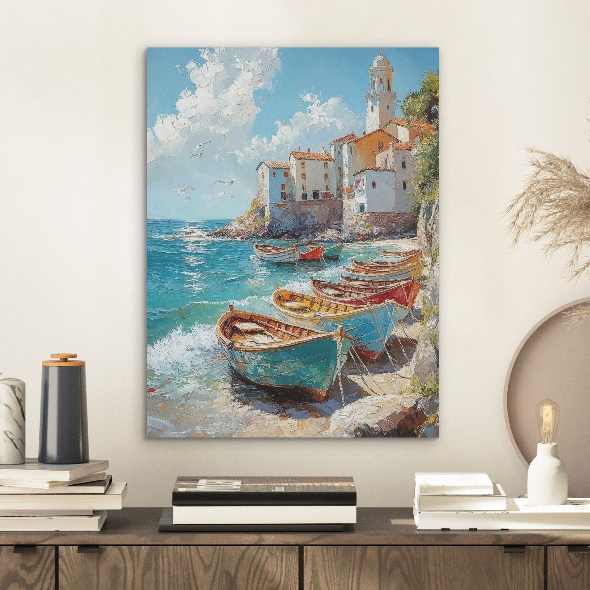 MuchoWow Gemälde Boote - Felsen - Meer - Sonne, Fotodruck (1 St), Akustikpa günstig online kaufen