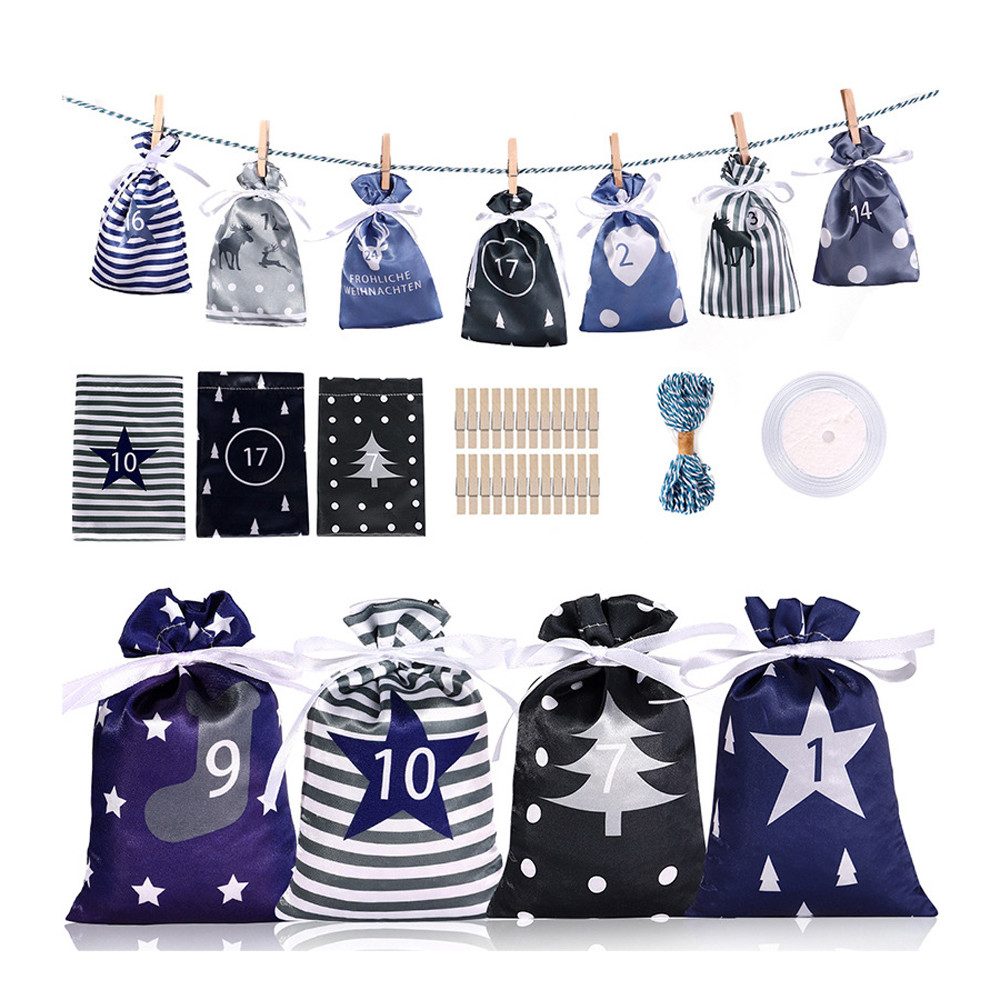 Bomiclss befüllbarer Adventskalender 24 Stück Weihnachts-Adventskalender-Taschen, mit Kordelzug, Wiederverwendbare Stoff-Geschenktüten für den Weihnachts-Countdown