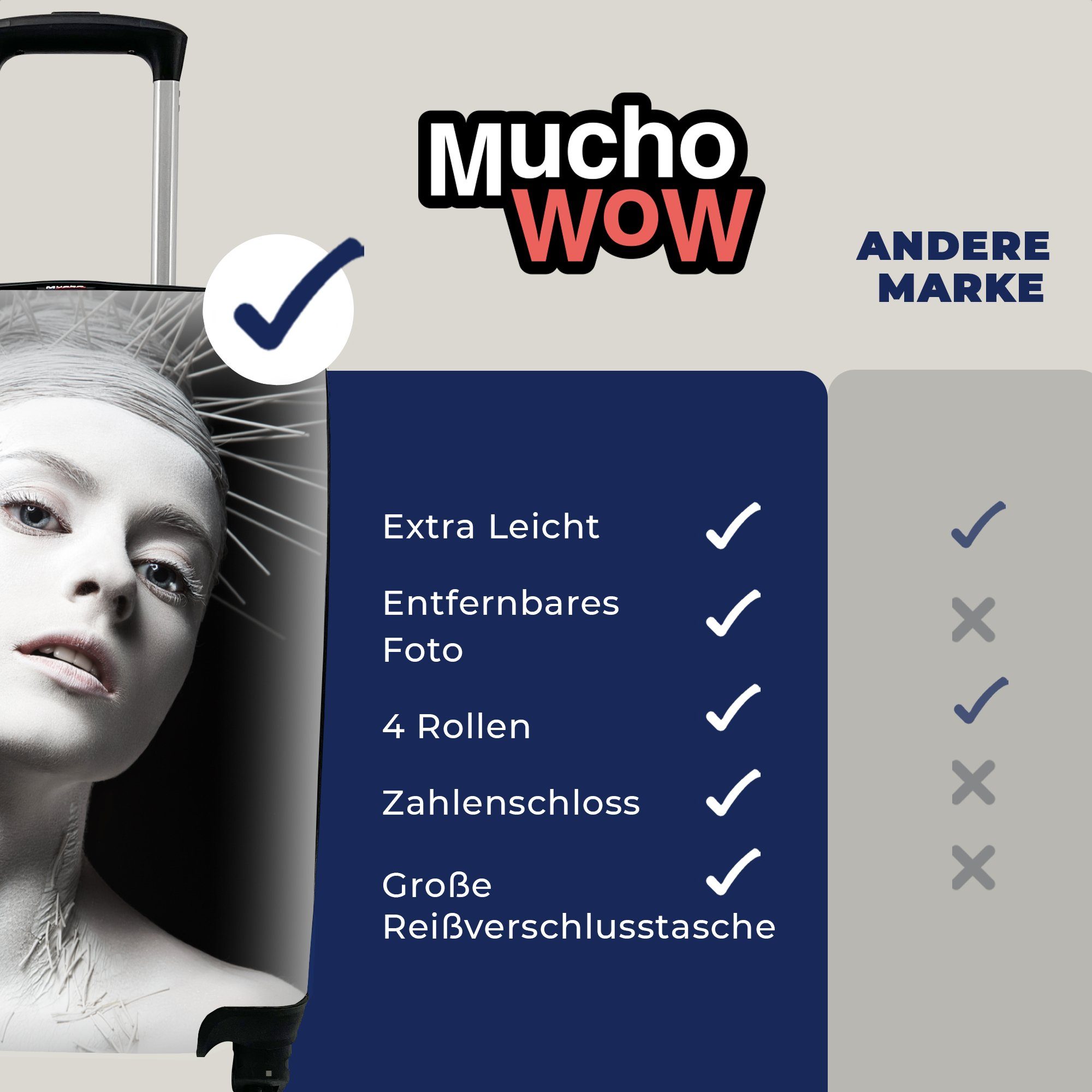 MuchoWow Trolley, für - Reisekoffer - rollen, - mit Frau Handgepäckkoffer Schwarz Rollen, Weiß Reisetasche Krone, Ferien, 4 Handgepäck