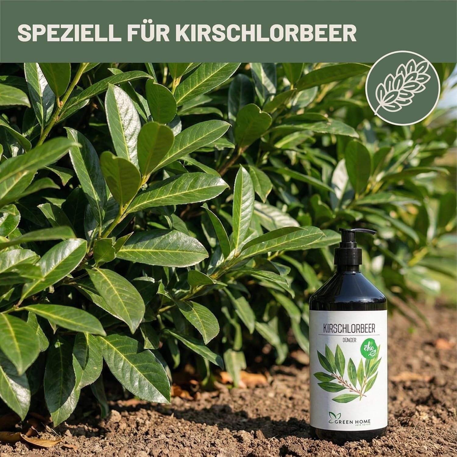 GREEN HOME LOVE NATURE Spezialdünger Kirschlorbeer-Dünger flüssig NPK 7+3+5 für kräftige Hecken, Kirschlorbeer, NPK 7+3+5, Spurennährstoffe, chelatiert, Dosierpumpe