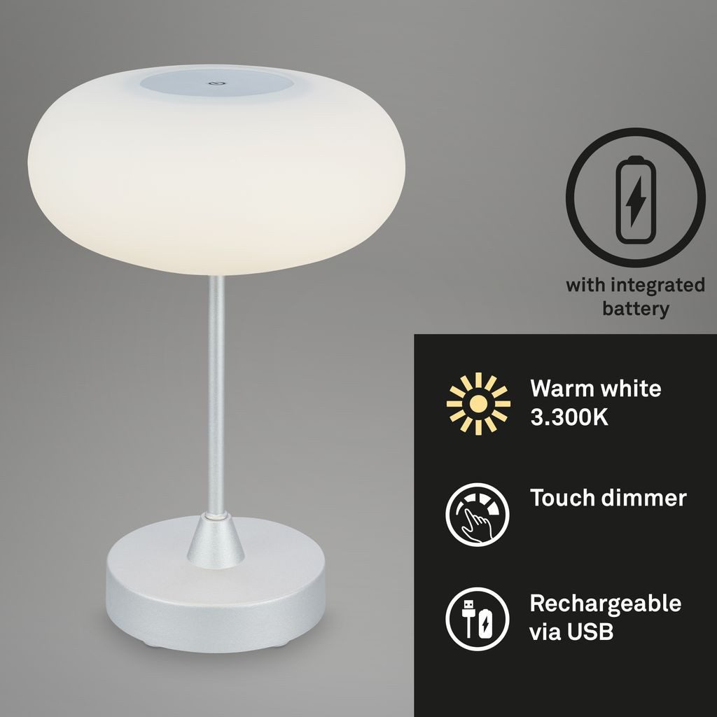 Briloner Leuchten Tischleuchte Tischlampe Touch Akku dimmbar Glas Schlafzimmer 7440014, Dimmfunktion, LED fest integriert, 2700K - Extra-Warmweiß, Tischlampe kabellos, 30x12,5cm, Chrom-Matt, 3W, Schlafzimmer, Flur
