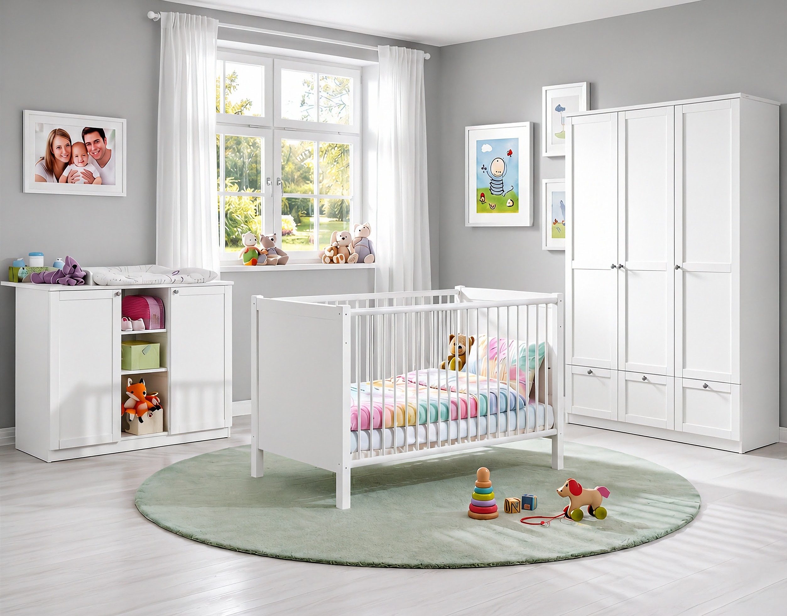 luma-home Babyzimmer-Komplettset 22804, (3-teilig – Babymöbel für Kinderzimmer mit Babybett 70x140 cm, Wickelkommode B122/H101/T75 cm, Soft-Close), 3-tür.Kleiderschrank m.Schubl. B135/H198/T58 Soft-Close, Landhaus Weiß