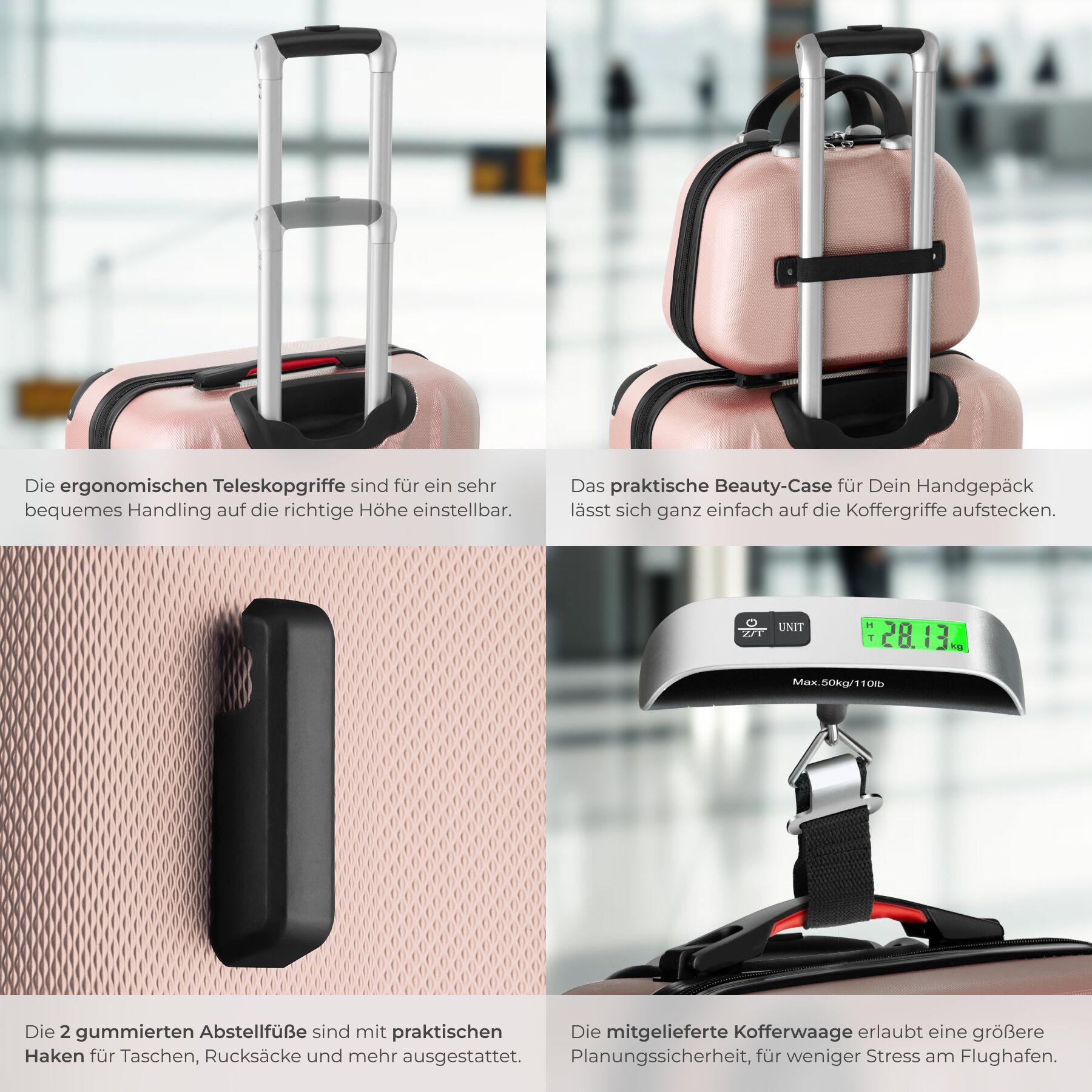 tectake Trolley Hartschalenkoffer-Set 9-teilig mit Kofferwaage und TSA-Zahlenschloss, 4 Rollen, mit Teleskopgriff, 360° drehbare, abnehmbare Rollen, abteilbar – Bild 4 von 5
