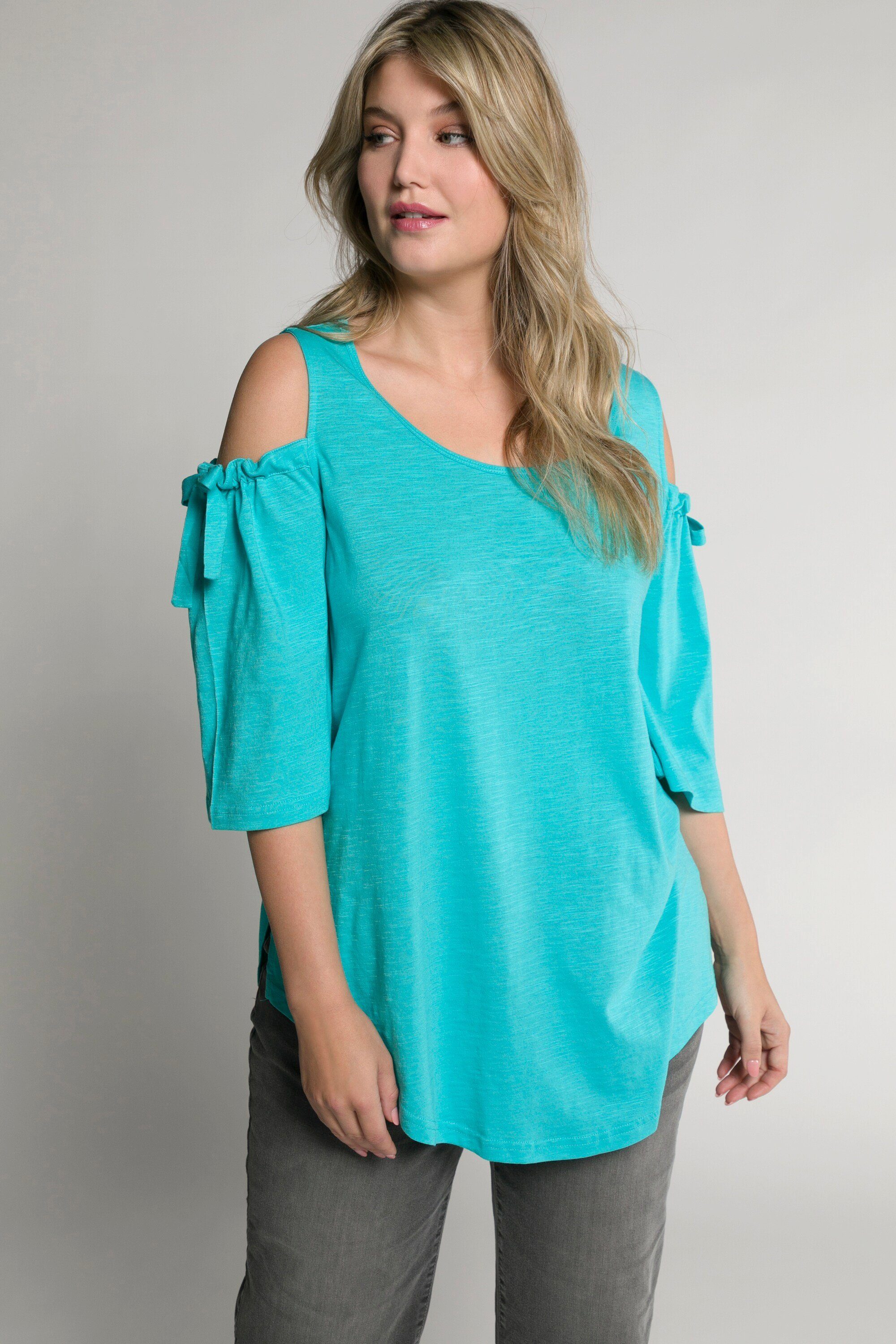 Ulla Popken Rundhalsshirt Schulterschlitze Shirt tiefes aqua A-Linie Rundhals