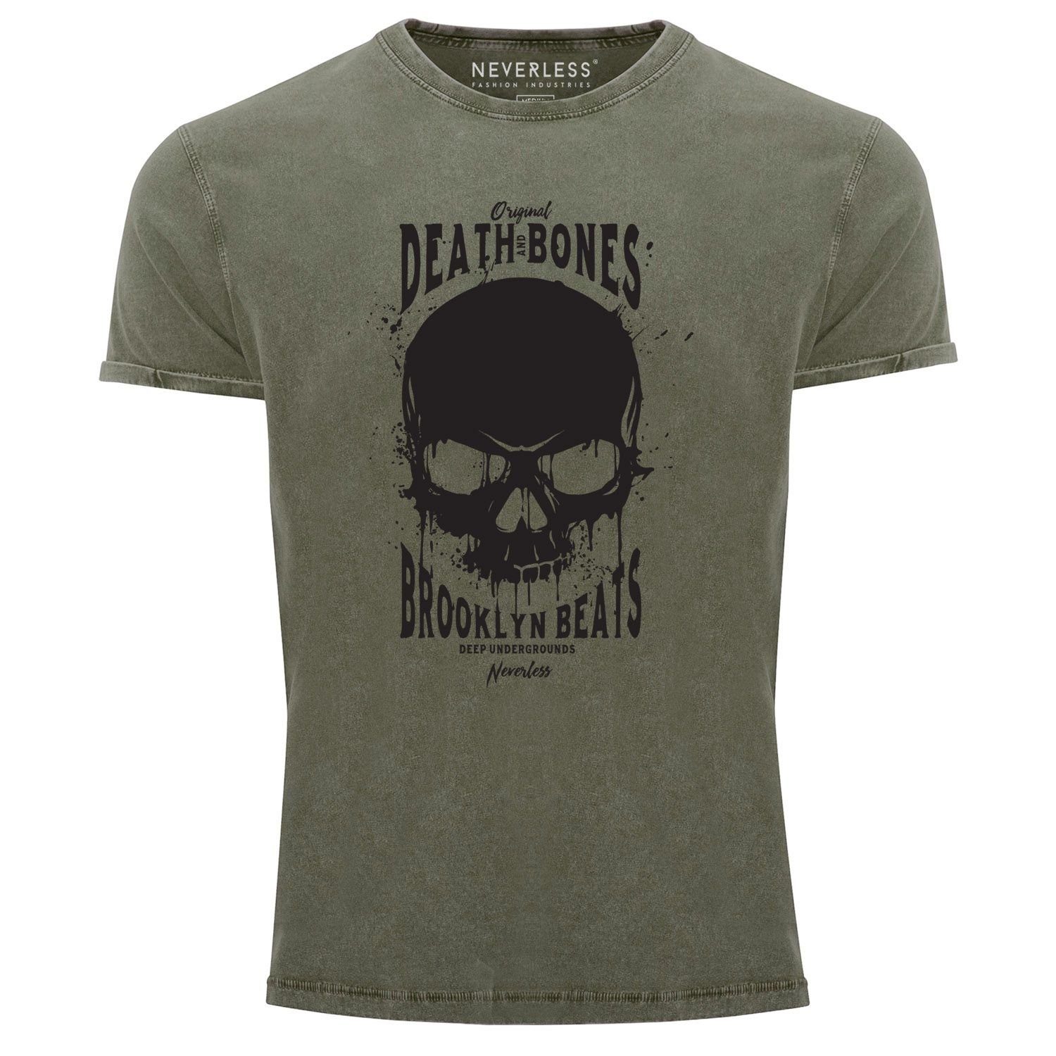 Neverless Print-Shirt Neverless® Herren Fit Bones oliv and Skull Shirt T-Shirt Vintage Aufdruck mit Look Print Used Printshirt Slim Death