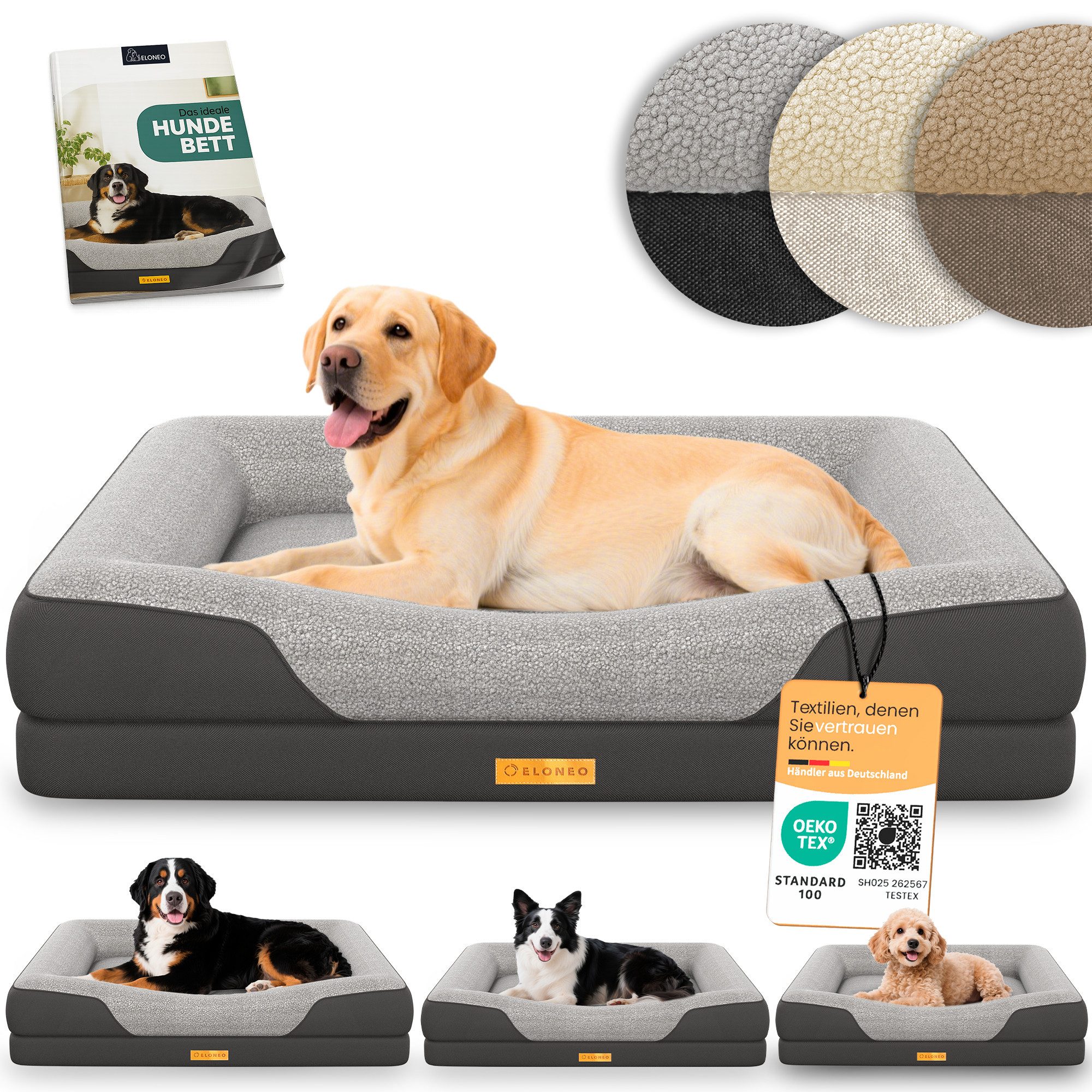 ELONEO Hundebett ELONEO - Orthopädisches Premium Hundebett, gelenkschonend, waschbar, Aus kuscheligem Sherpa-Fleece und strapazierfähigem Sofastoff