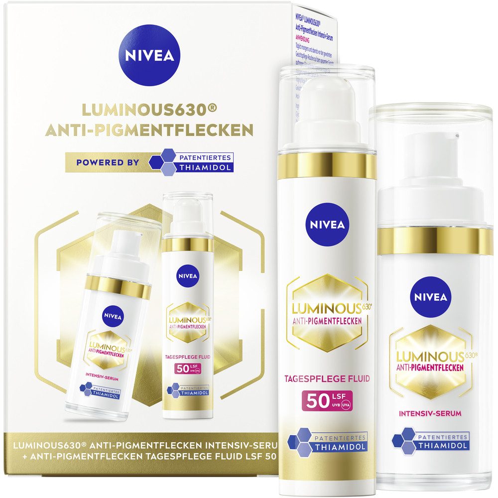 Nivea Pflege-Set LUMINOUS630 Anti-Pigmentflecken Tagespflege + Intensiv Serum Set, 2-tlg., Für alle Hauttypen, mattiert die Haut, LSF 50.