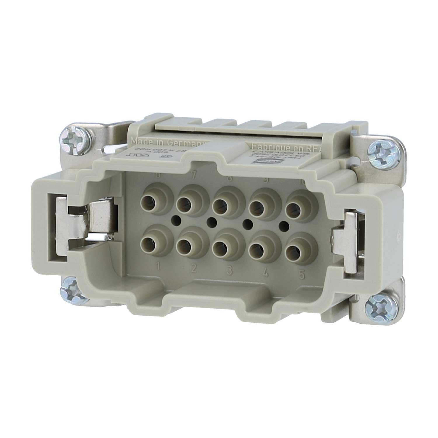 Harting DIN-Stecker Titel:Han 10E Stifteinsatz (M) Crimpanschluss, 10-polig+PE 500V, 16A, Keine Verpackungseinheiten, Kein Mindestauftragswert
