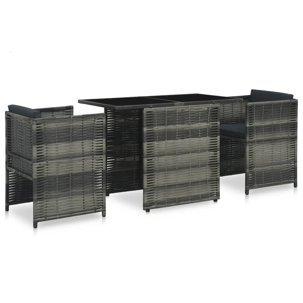 vidaXL Gartenlounge-Set 3-tlg. Bistro-Set mit Auflagen Poly Rattan Grau, (3-tlg)