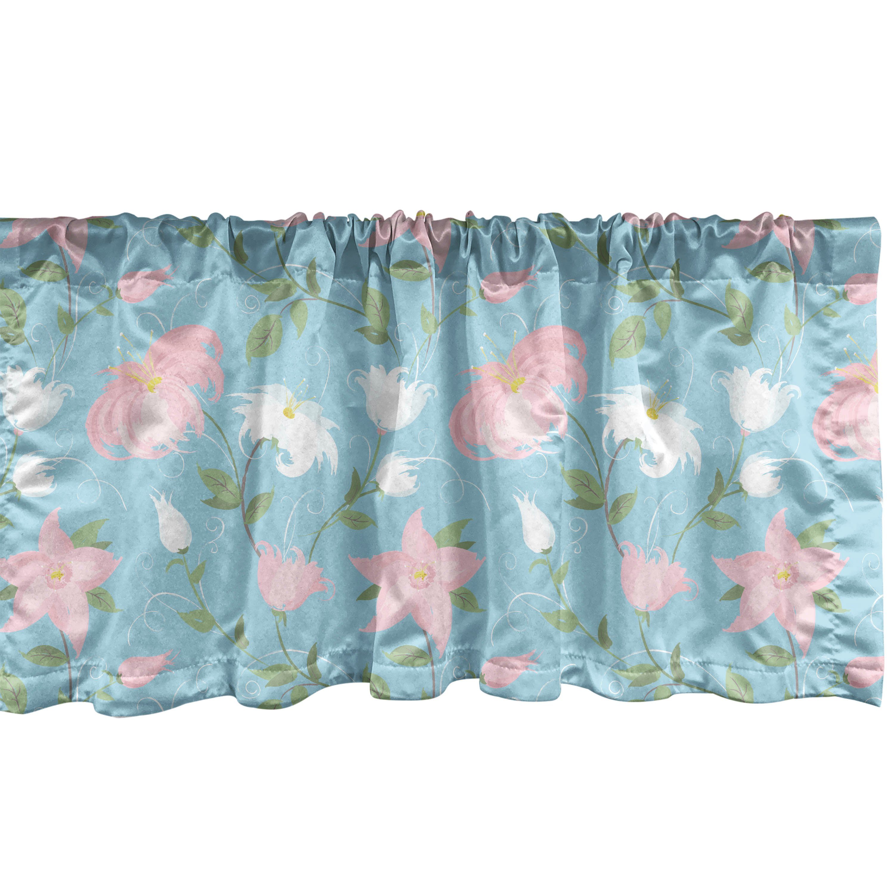 Scheibengardine Vorhang Volant für Küche Schlafzimmer Dekor mit Stangentasche, Abakuhaus, Microfaser, Botanisch Rosa und weiße Blumen