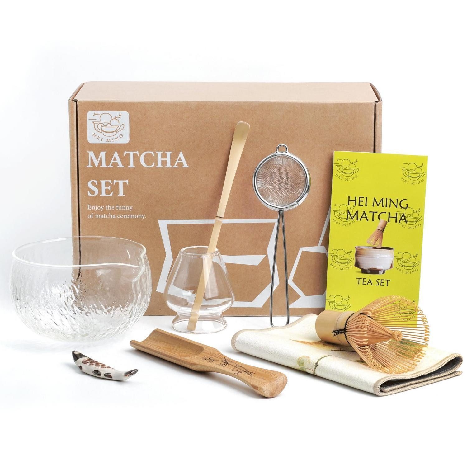 LuxusKollektion Teeservice Matcha Set Glas/Bambus 8 Teile Transparent