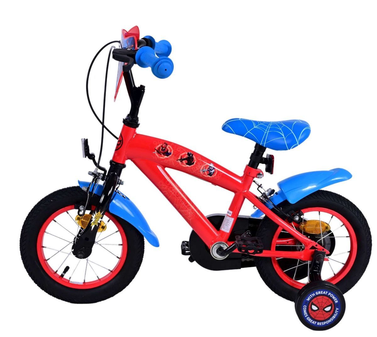 Volare children's bicycle, 12 inch, Disney Marvel Spiderman design, Volare 21285-SAFW, 1 speed, training wheels, chain guard, mudguards