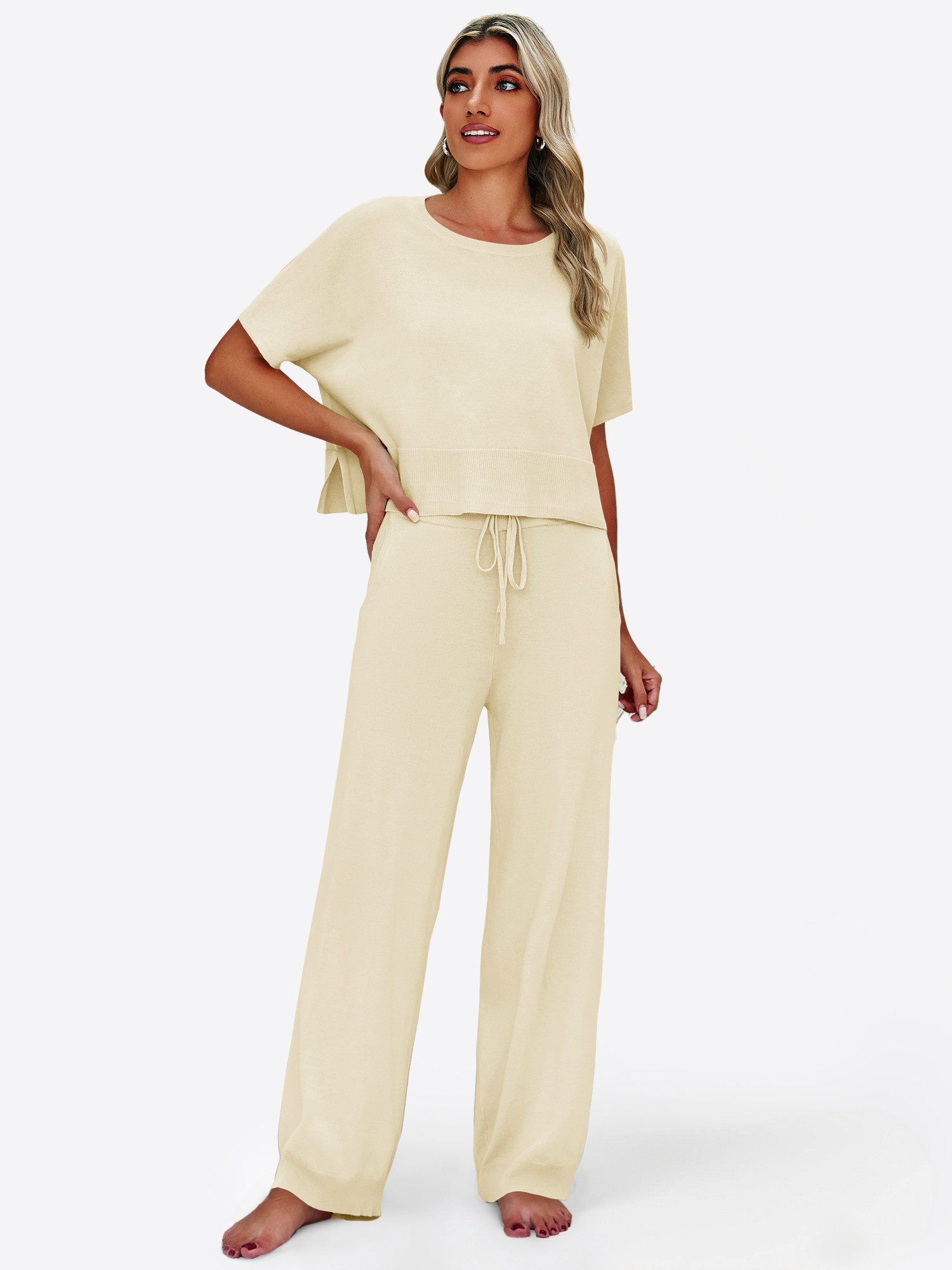 Imily Bela Hausanzug Damen 2-teilige Pullover-Sets (Set, 2 tlg., Strick-Crop-Tops mit Schlitz + High-Waist-Hosen) Volltonfarbe