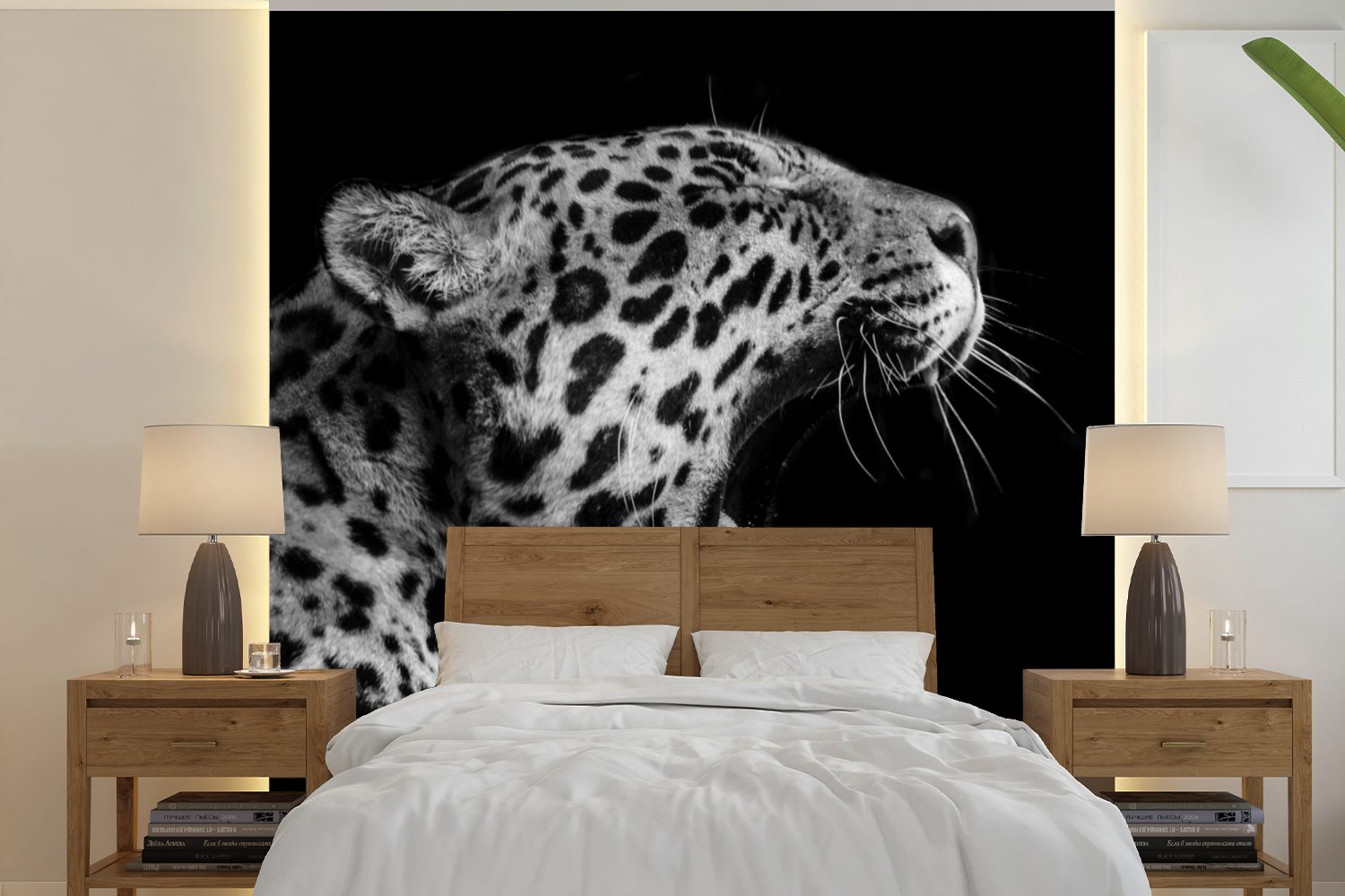 MuchoWow Fototapete Jaguar - Tier - Schwarz - Weiß, Matt, bedruckt, (5 St), Vinyl Tapete für Wohnzimmer oder Schlafzimmer, Wandtapete