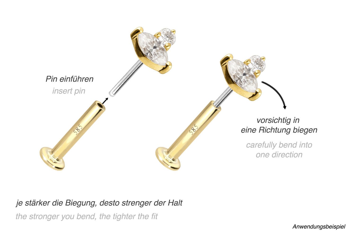 PIERCINGLINE Piercing-Set 14 Karat Gold Labret mit Push Fit MOISSANIT-DESIGN (Labrets, 1-tlg)