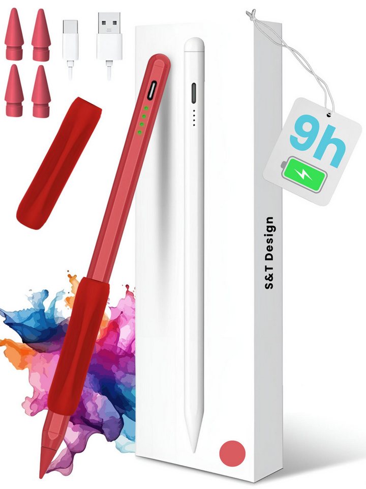 S&T Design Eingabestift Stift für iPad USB-C (2018-2026) Schnellladen für Apple iPads (2018-2026), 1-St., mit 4x iPad Stift Spitzen + Silikon Halterung) Tabletstift Stylus Pencil 2. Gen Pen USB-C Schnellladen Palm Rejection