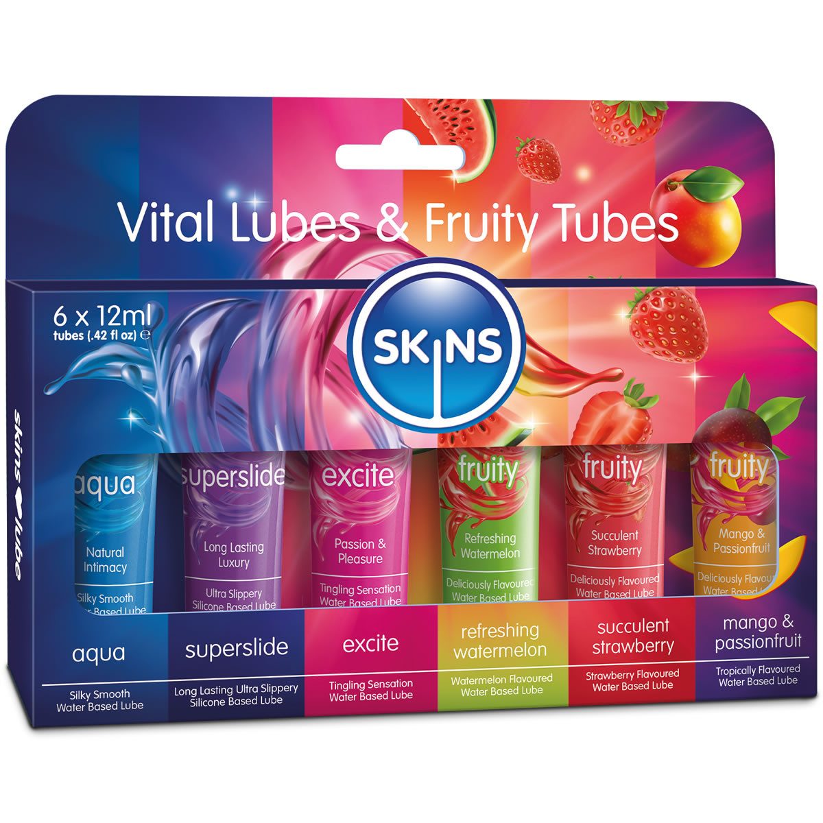 SKINS Condoms Gleitgel Vital & Fruity Tubes, 6 Tuben mit je 12ml, 6-tlg., verschiedene Sorten Gleitgel im Меню
