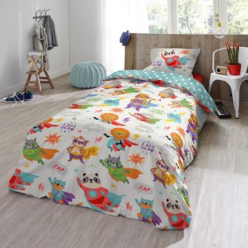 Kinderbettwäsche Superhelden Trendy Bedding, ESPiCO, Renforcé, 2 teilig, Blitze, Superkräfte, Panda, Affe