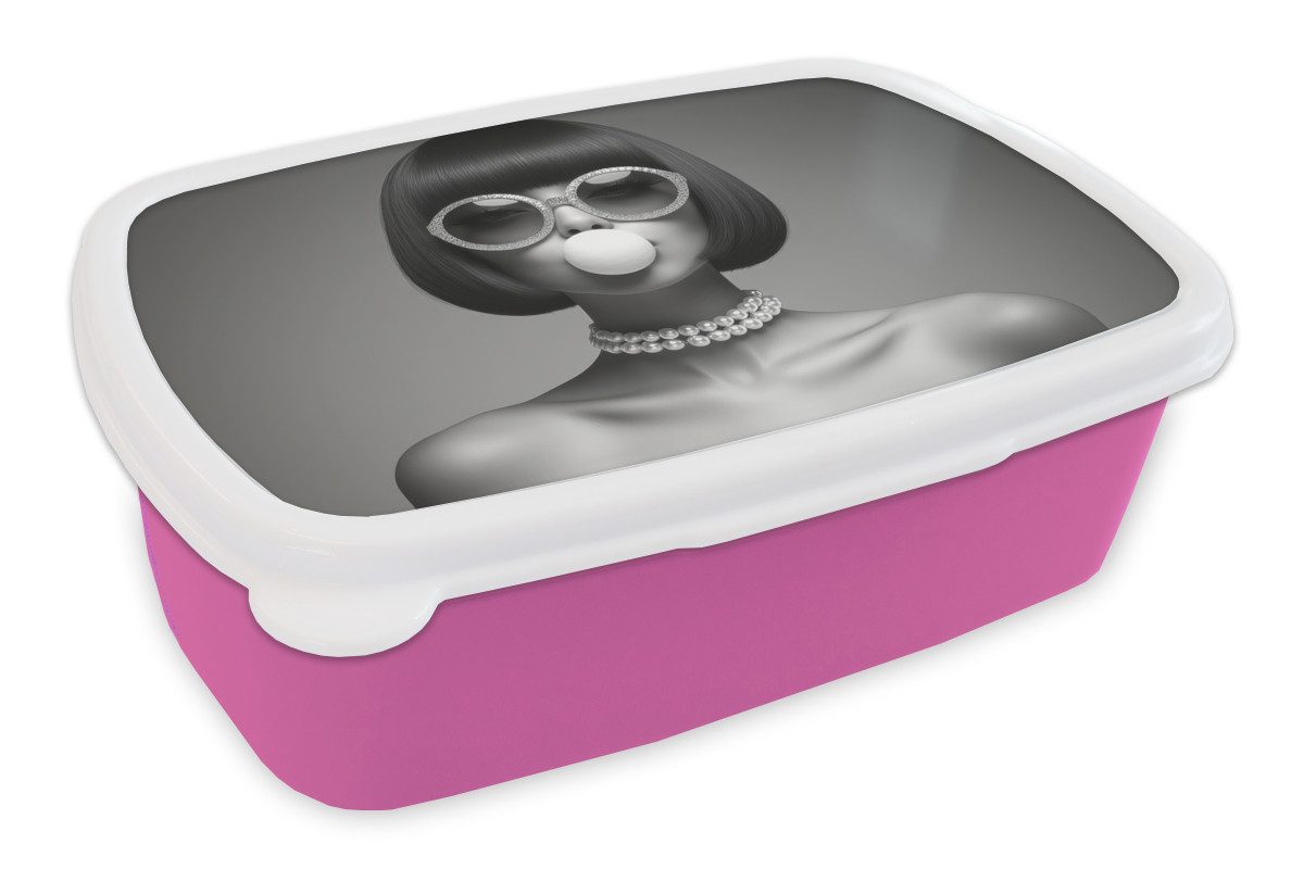 MuchoWow Lunchbox Frau - Schwarz und weiß - Halskette - Sonnenbrille, Kunststoff, (2-tlg), Brotdosen, Lunch Box, Brotbox für Kinder und Erwachsene