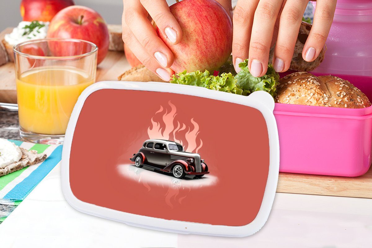 MuchoWow Lunchbox Auto - - Mädchen, Vintage Snackbox, - für Erwachsene, Flammen, Rosa Brotdose Kinder, (2-tlg), Kunststoff, Brotbox Kunststoff