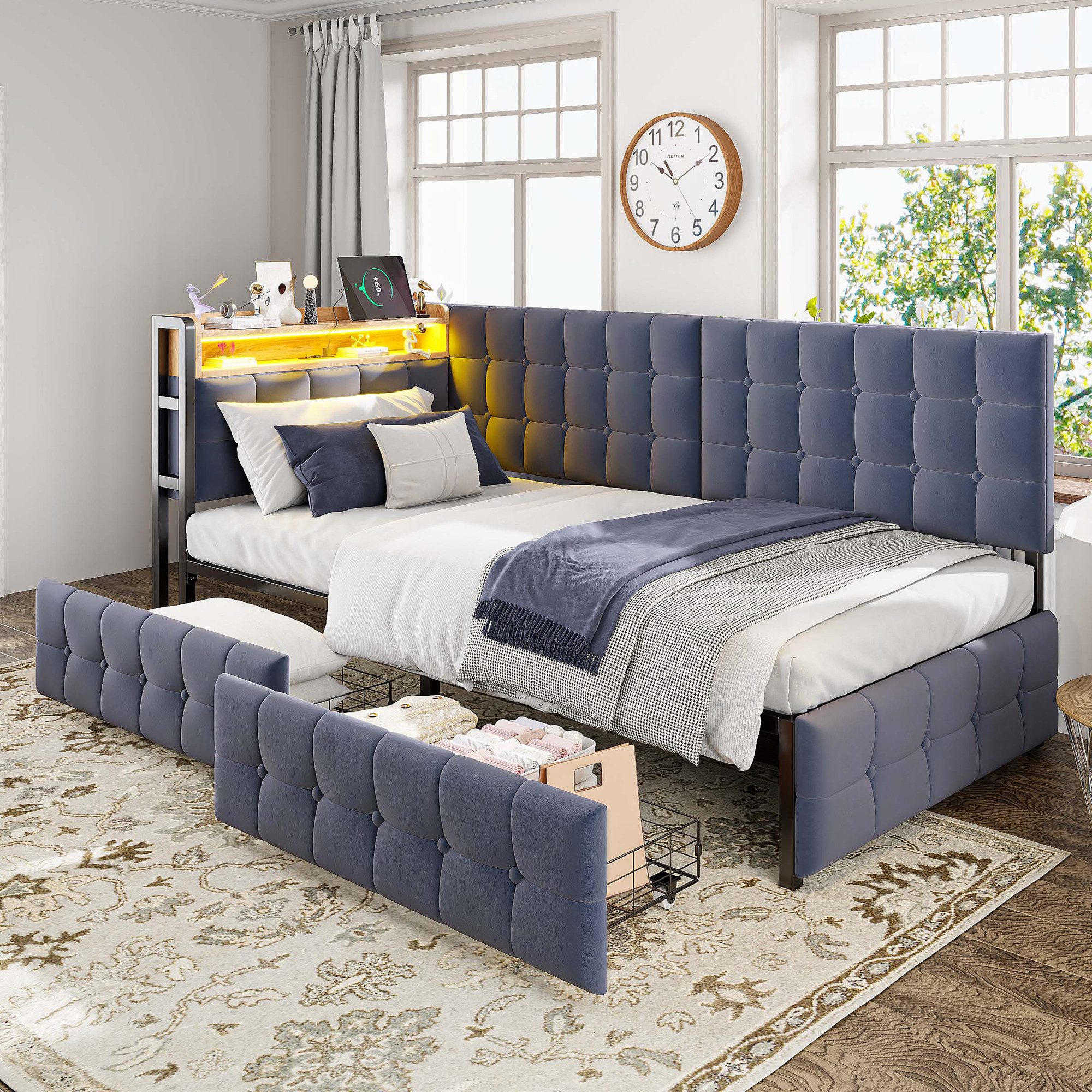 STILVORA Schlafsofa Polsterbett 90X200 mit matratze&Stauraum,Jugendbett mit LED&USB-Typ-C, mit LED-Licht & USB, 2 Schubladen, 90x200 cm, Multifunktionales gepolstertes Kinder-Schlafsofa, mit Matratze