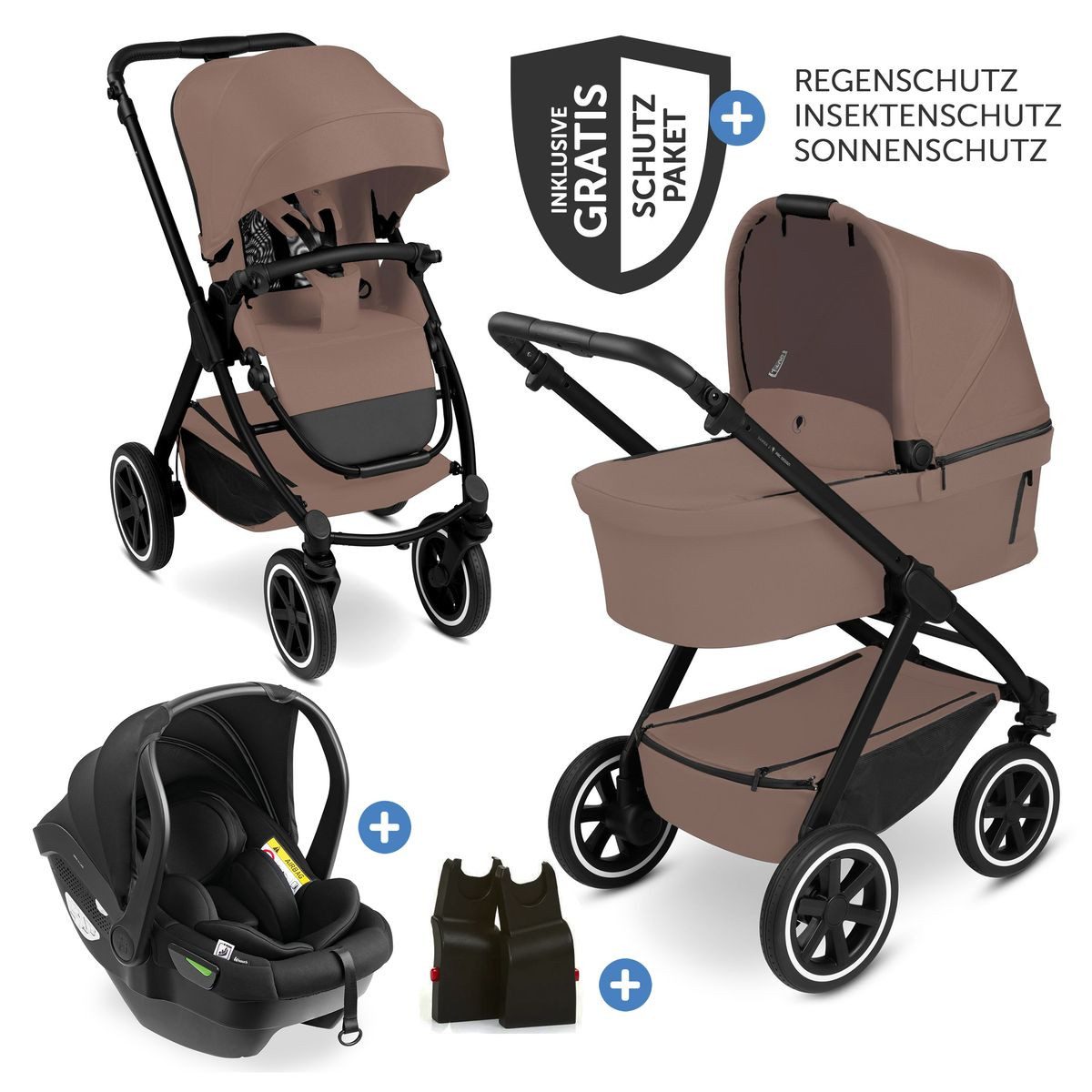ABC Design Kombi-Kinderwagen Samba 2 Set - Dark Beige, 3in1 Kinderwagen Buggy mit Babywanne, Babyschale, Sportsitz & Zubehör