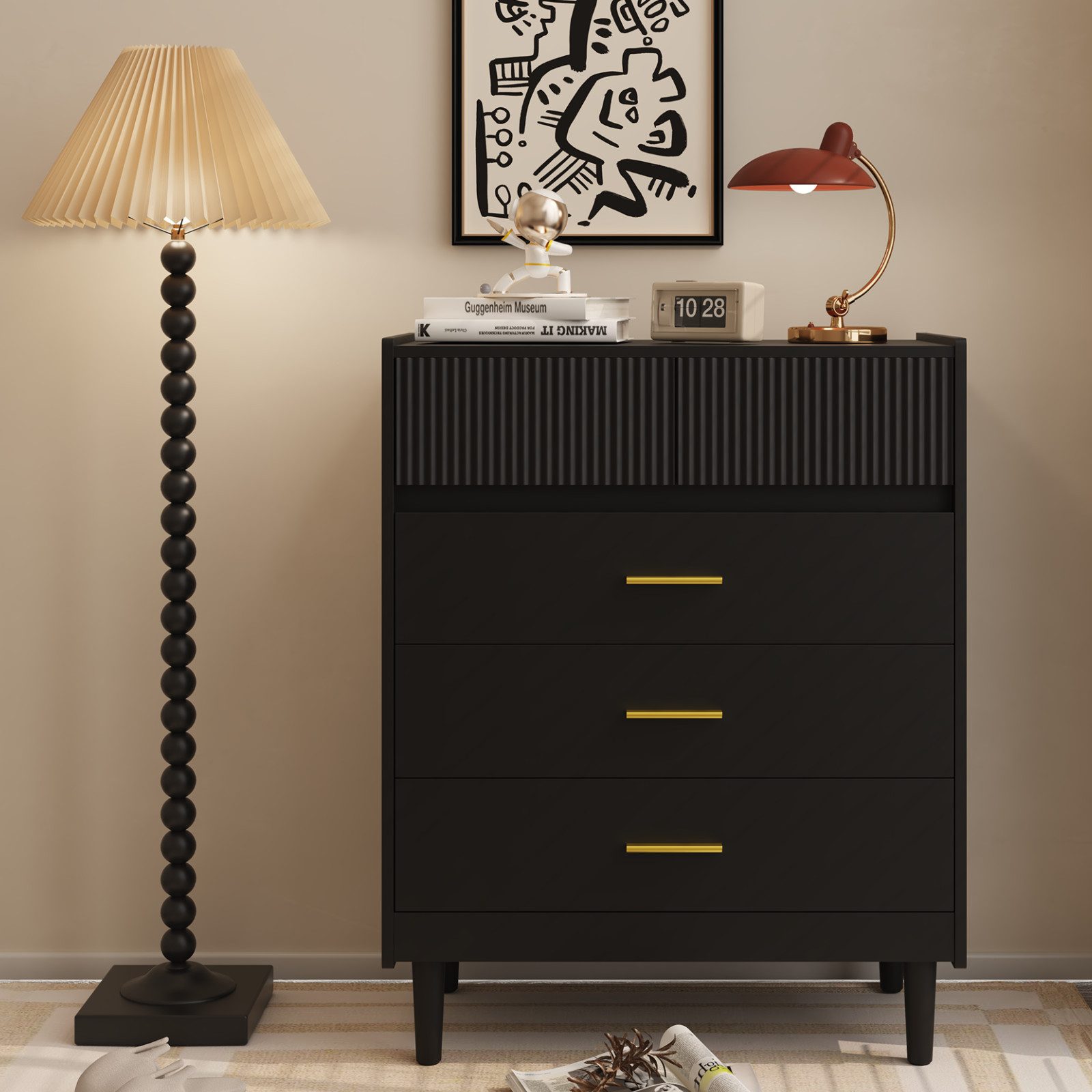 HOMAVO Kommode DG2 mit 5 Schubladen, mit Beinen, 74x90 cm, FSC®, 15 cm Holzfüße, Wellenfront
