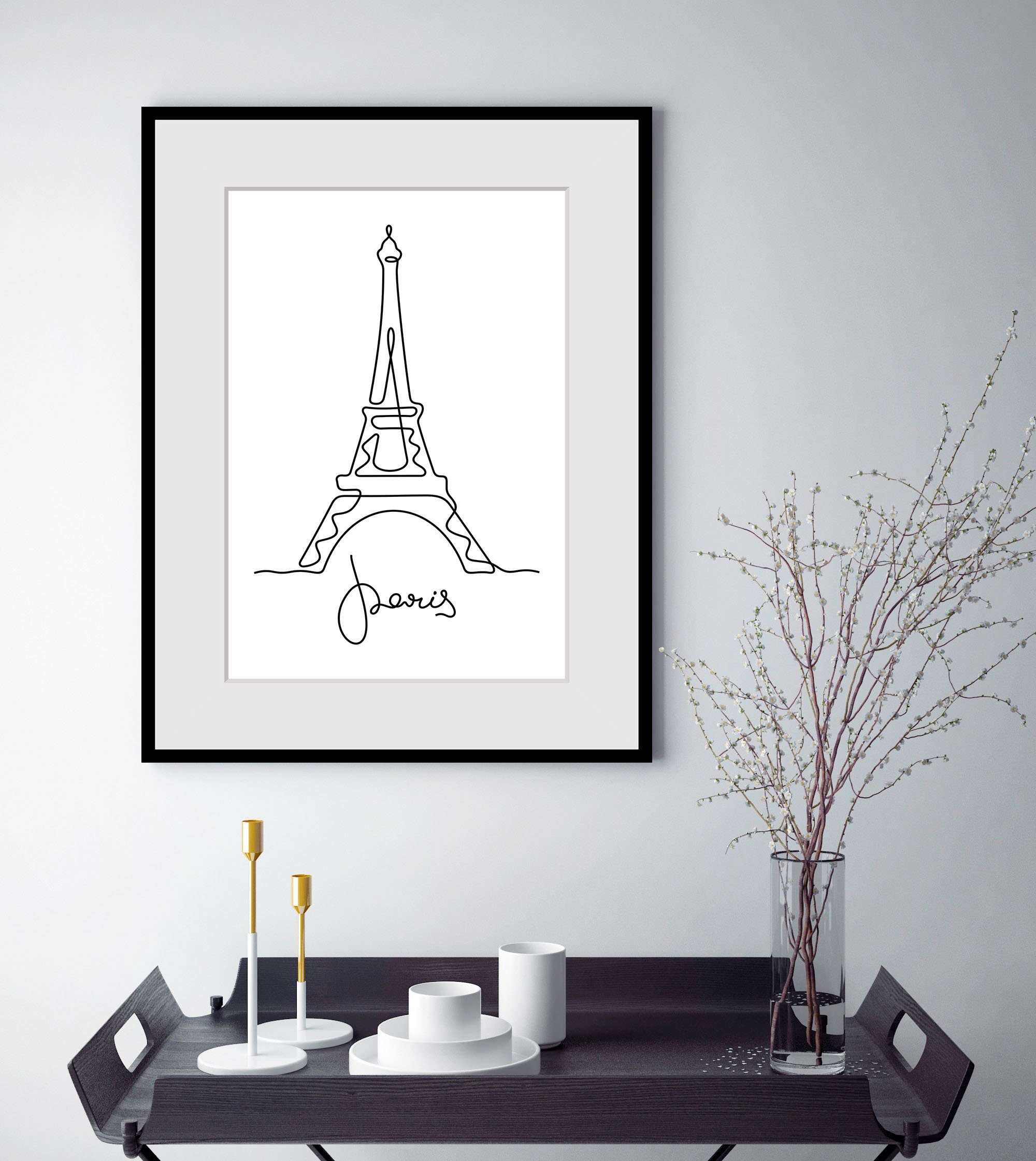 queence Bild Stadt der Liebe, Frankreich, Gebäude, Kunst, Paris, Schriftzug, Schwarz-Weiß (1 St), HD Premium Poster-Druck inkl. Holzrahmen