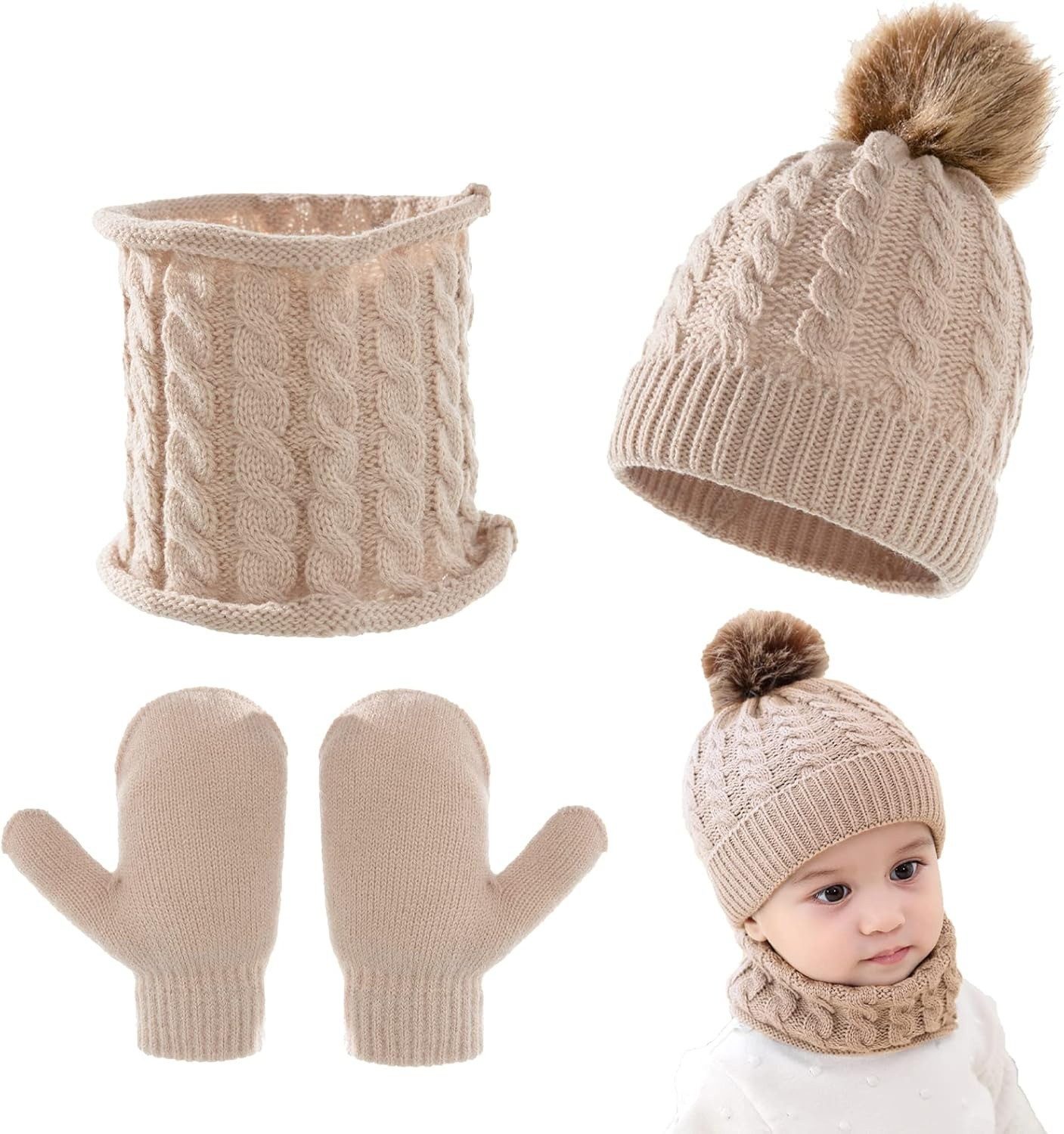 Coonoor Mütze & Schal Kinder-Wintermütze-Schal-Handschuh-Set, Winter-Wärme Mütze-Schal-Handschuh-Set