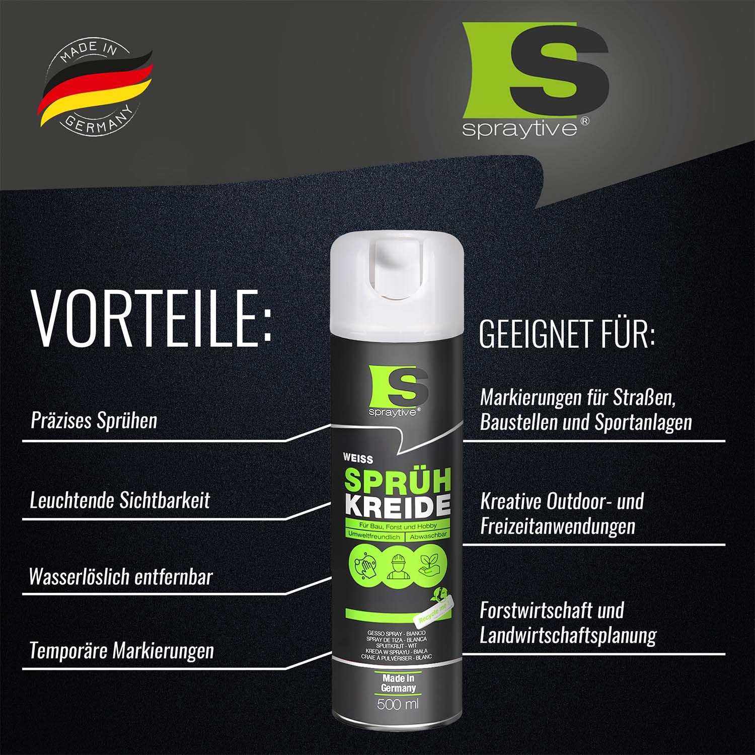 Spraytive Sprühfarbe 2x 500ml Sprühkreide weiß – abwaschbare leuchtende Kreidefarbe Outdoor, Made in Germany – Bild 5 von 5