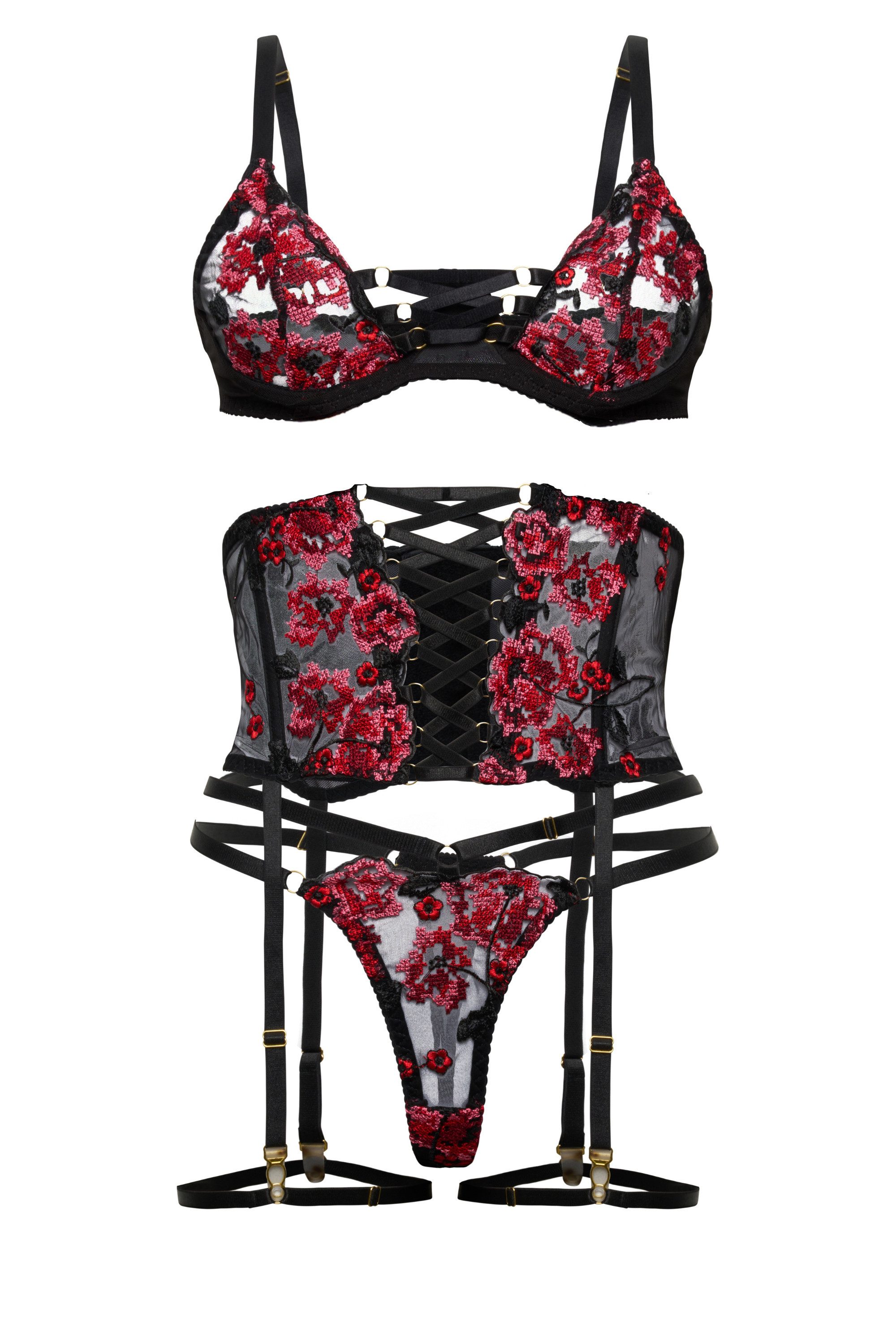 Elegant Love Set: Corsage Sexy Dessous-Set – Corsagen-Set aus Spitze mit Schnür-Details (Set, 3-tlg., Taillenkorsage, Tanga, Bügel-BH) Reizwäsche – Lingerie im Spitzenlook mit formendem Oberteil
