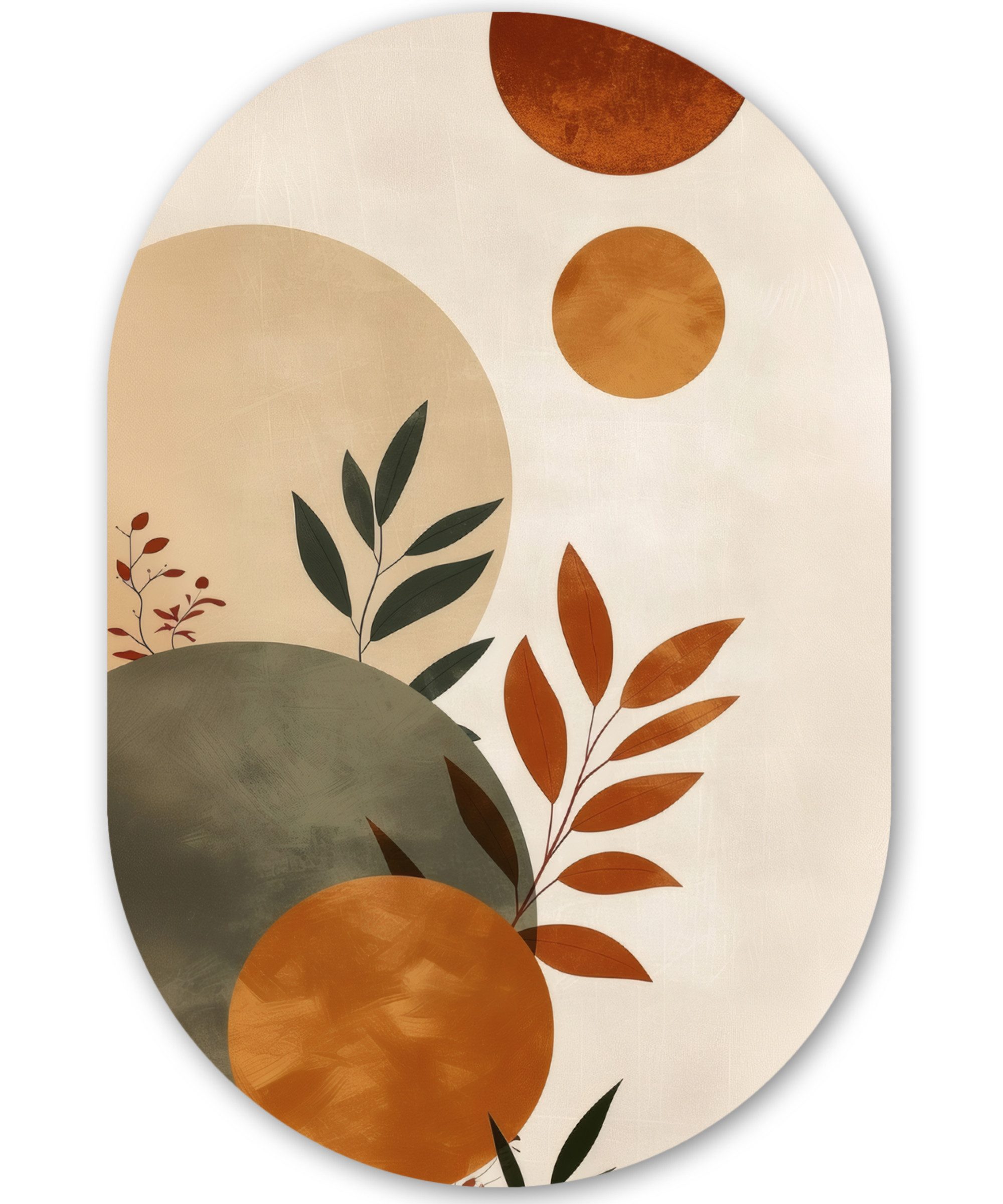 MuchoWow Gemälde Formen - Rund - Blätter - Beige, Fotodruck (1 St), Wandbild Oval, Wohnzimmer oder Schlafzimmer Wanddekoration, 40x60 cm