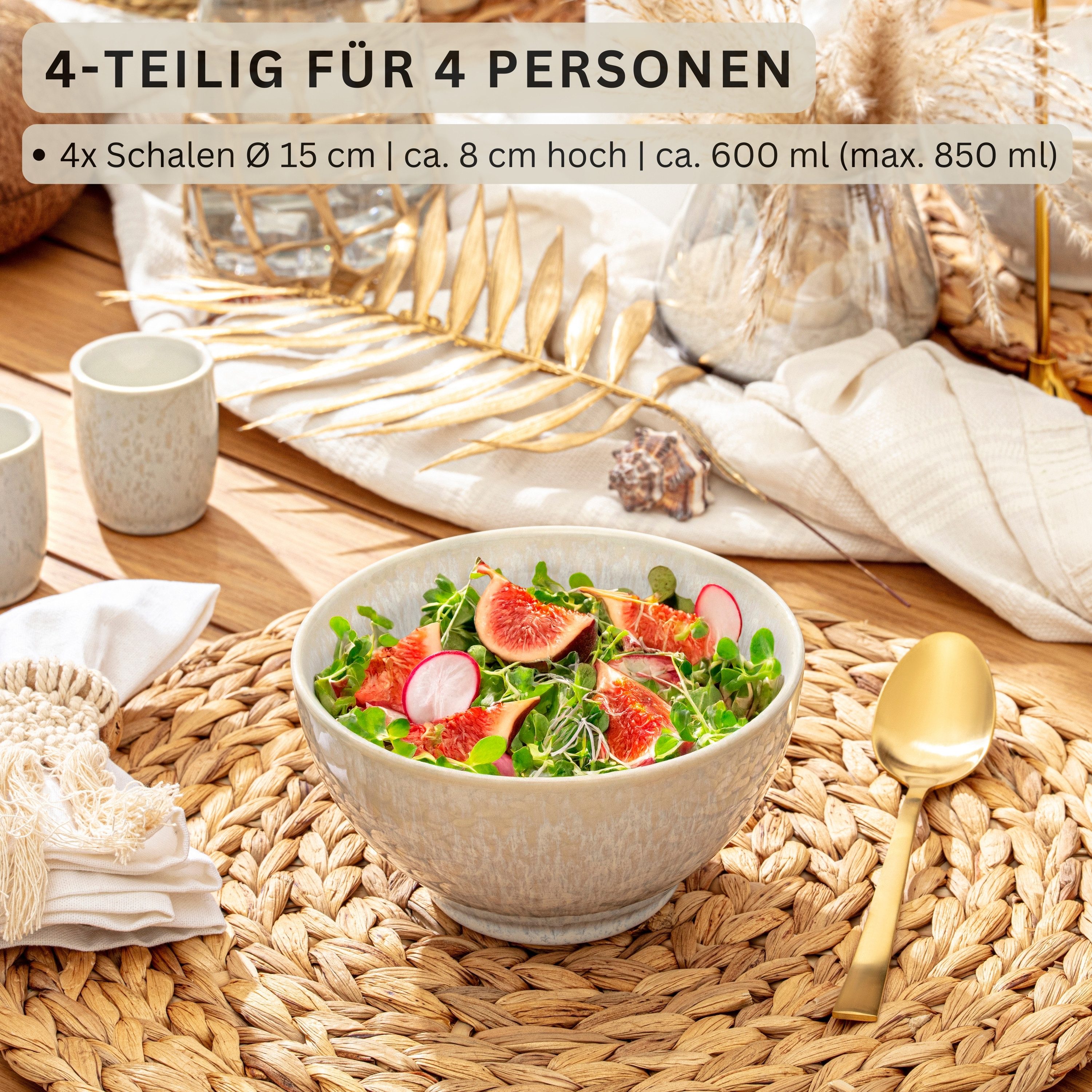 SÄNGER Tafelservice Korfu Geschirrset (12, 16, 24, 36 Teile) (4-tlg), 4 Personen, Steingut, Müslischalen, Creme Beige, Handmade, Premium Collection