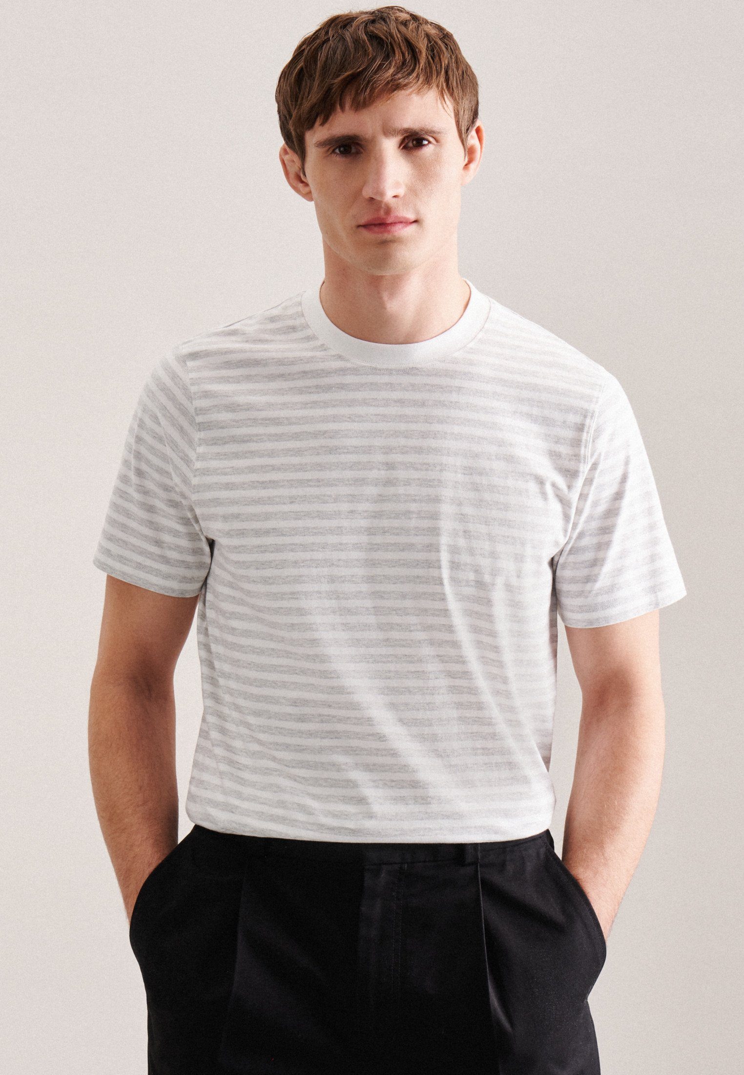 seidensticker T-Shirt Regular Kurzarm Rundhals Streifen Grau