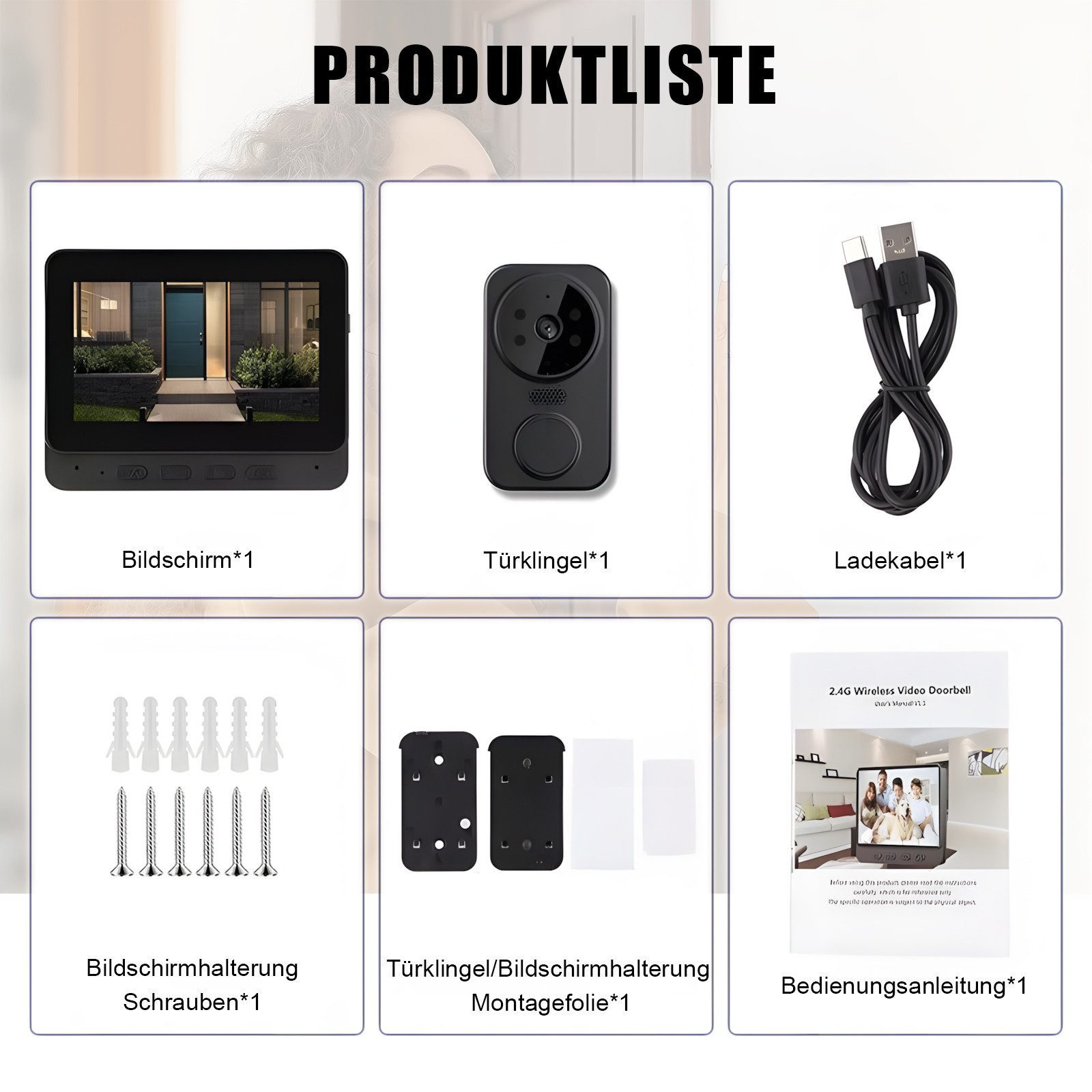 TWUFY Video-Türsprechanlage 4,3 Zoll Drahtlose Video Türklingel mit Kamera Outdoor (Außenbereich, Zwei-Wege-Gegensprechanlage, Nachtsicht, 1-tlg., Video Türklingel mit Kamera 4,3-Zoll-IPS-Bildschirm, 2,4 G Privates Protokoll für Langreichweitensignal)