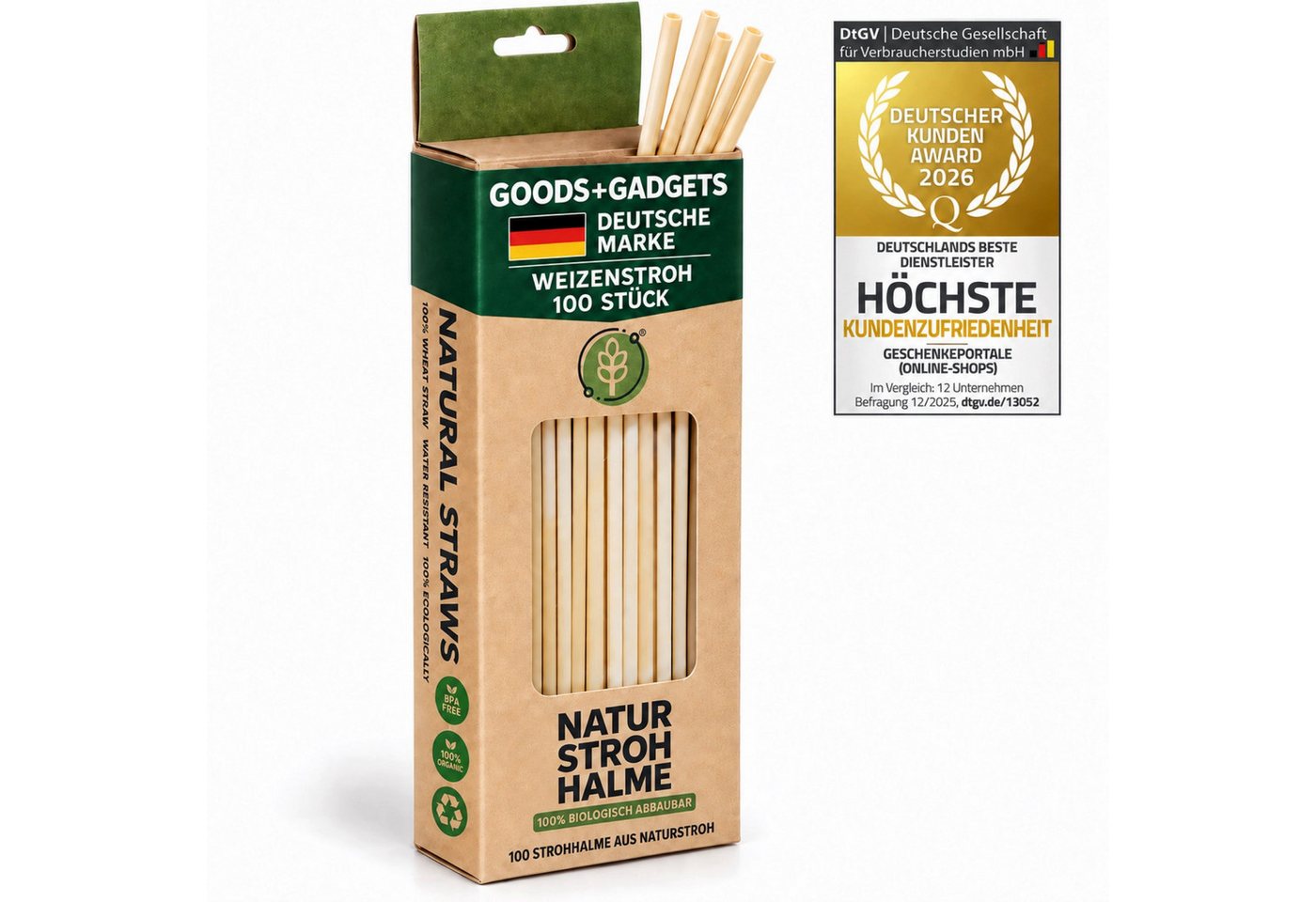 Goods+Gadgets Gläser-Set 100× Getränke-Röhrchen aus Weizen – Kompostierbar, Strohhalme, Strohhalme