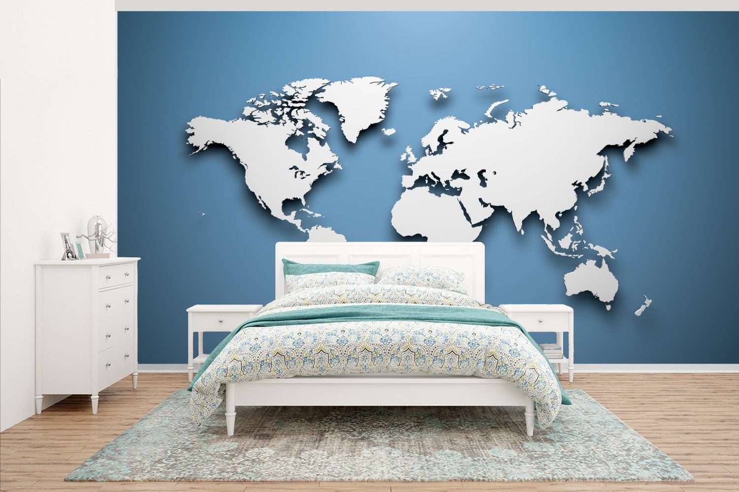 Weltkarte - Wohnzimmer Schlafzimmer - MuchoWow Matt, Fototapete St), - Einfach, für Blau (7 Vliestapete Weiß Fototapete Küche, bedruckt,