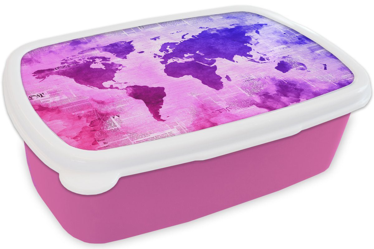 Weltkarte Brotbox Lunchbox Kunststoff, Blau, für Kunststoff Rosa Erwachsene, - MuchoWow Kinder, Mädchen, Snackbox, - Brotdose (2-tlg),