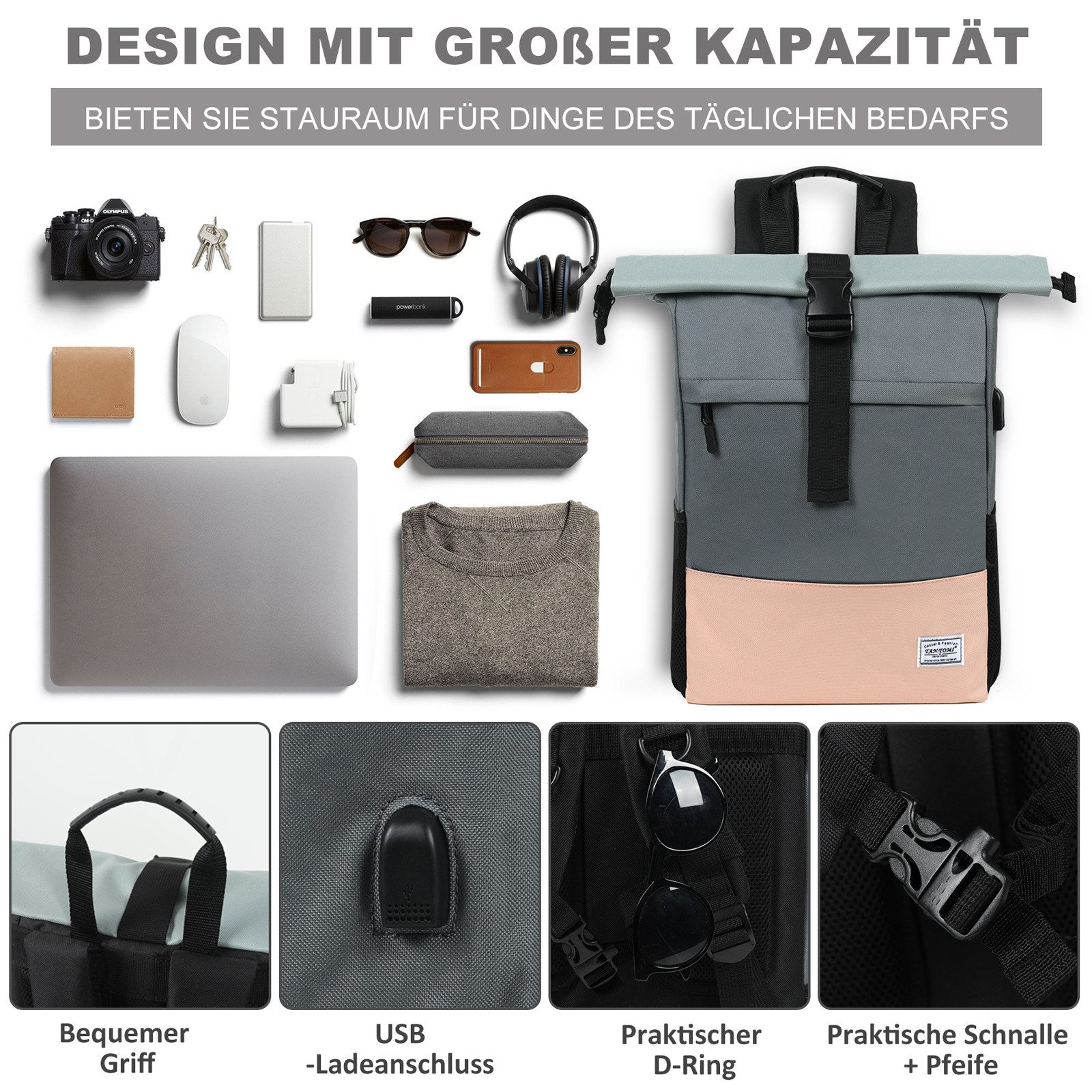 TAN.TOMI Cityrucksack Freizeitrucksack Groß Damen lässiger Rolltop Rucksack Herren Backpack (Arbeitsrucksack viele Fächer mit 15,6" Laptopfach/USB-Anschluss), R – Bild 5 von 5